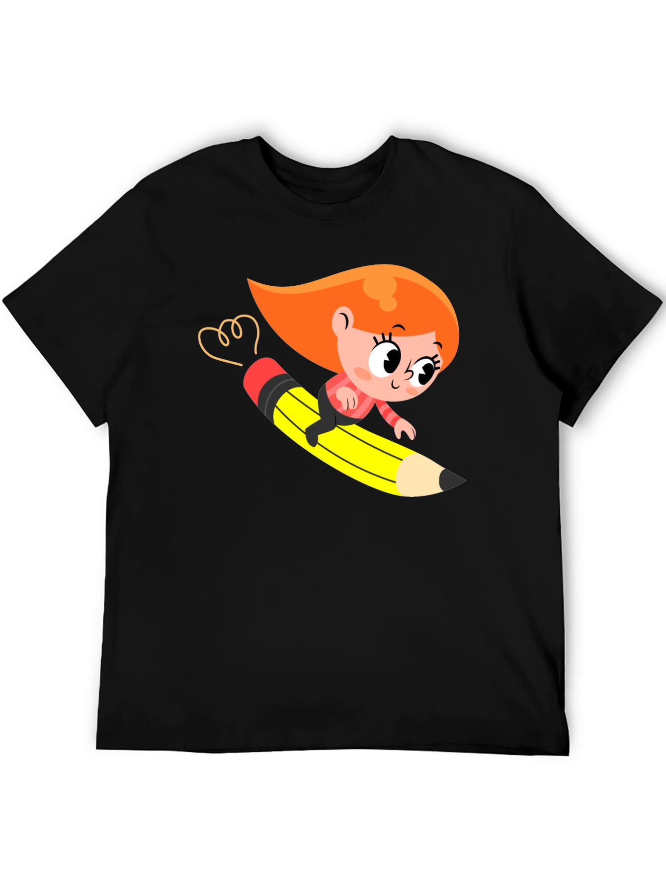 Cartoon Girl Riding Pencil Black T-Shirt