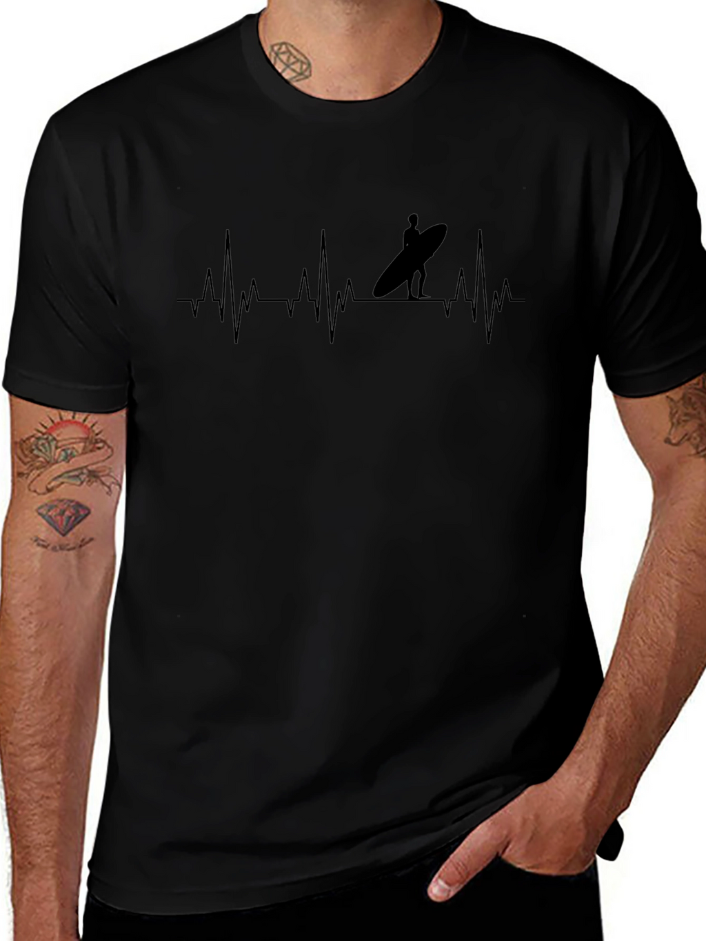 Surfer Heartbeat Black T-Shirt