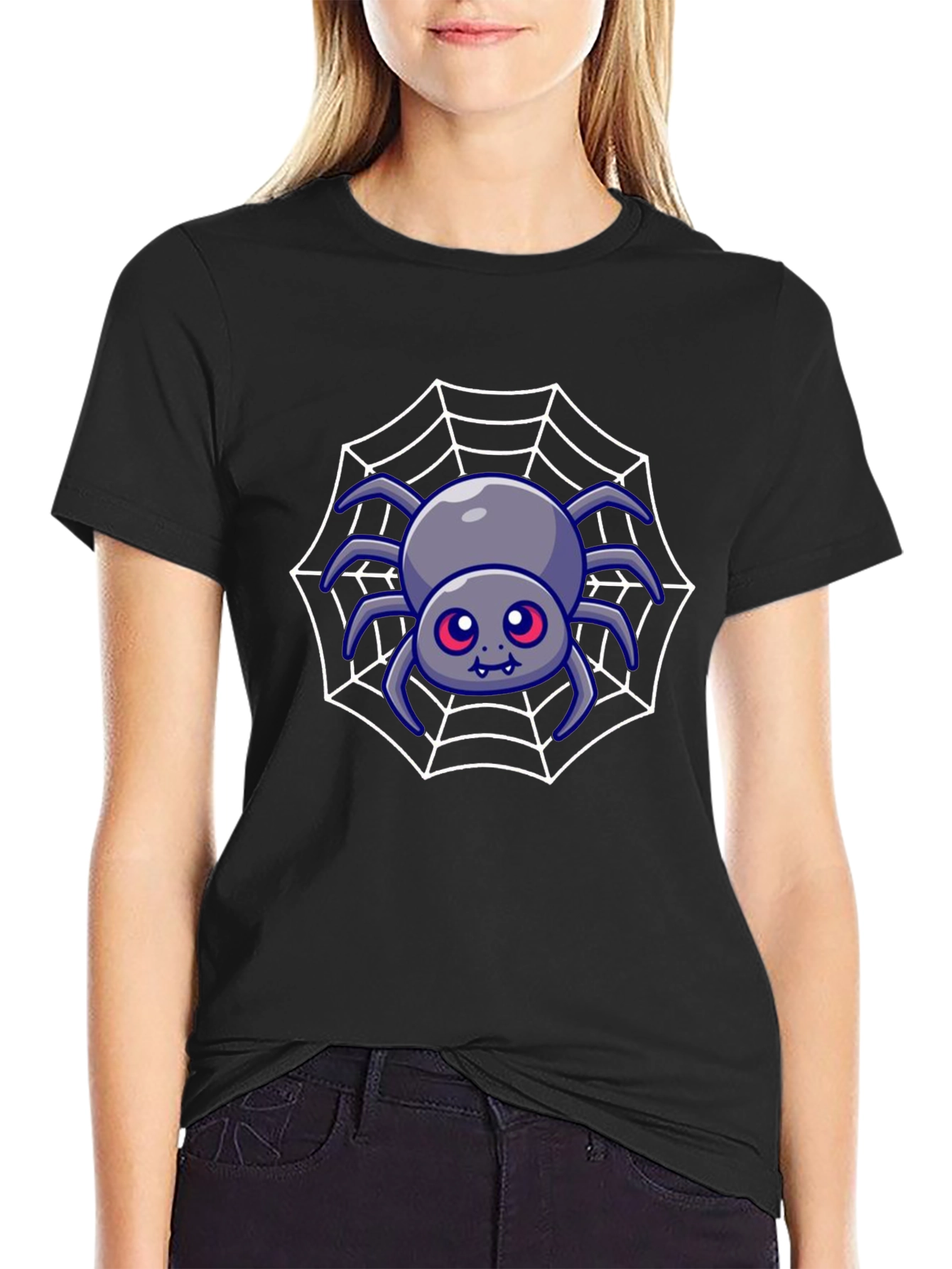 Cute Spider Web Graphic Tee - Black Cotton Blend