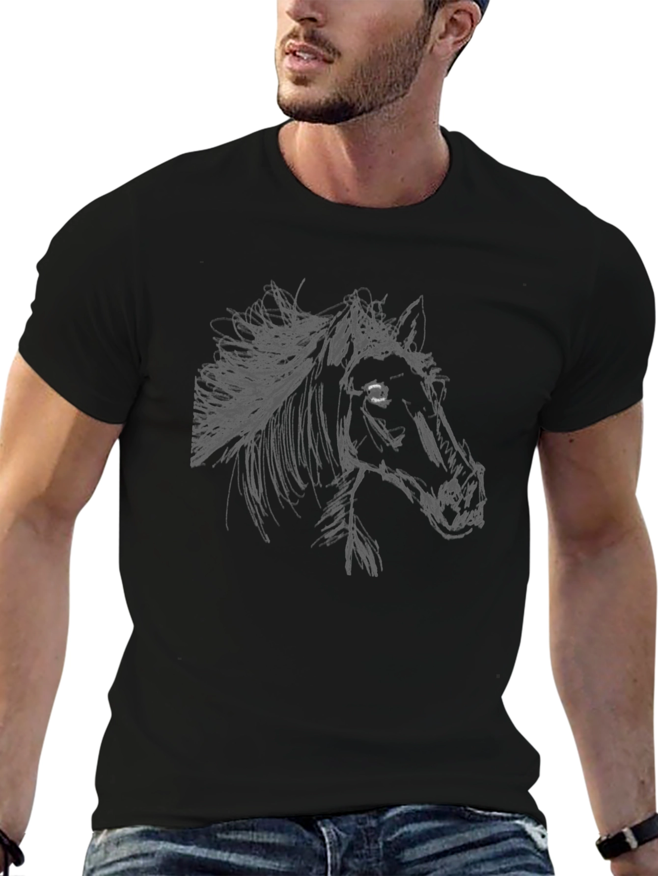 Black Horse Sketch Graphic Tee - Mens Casual T-Shirt