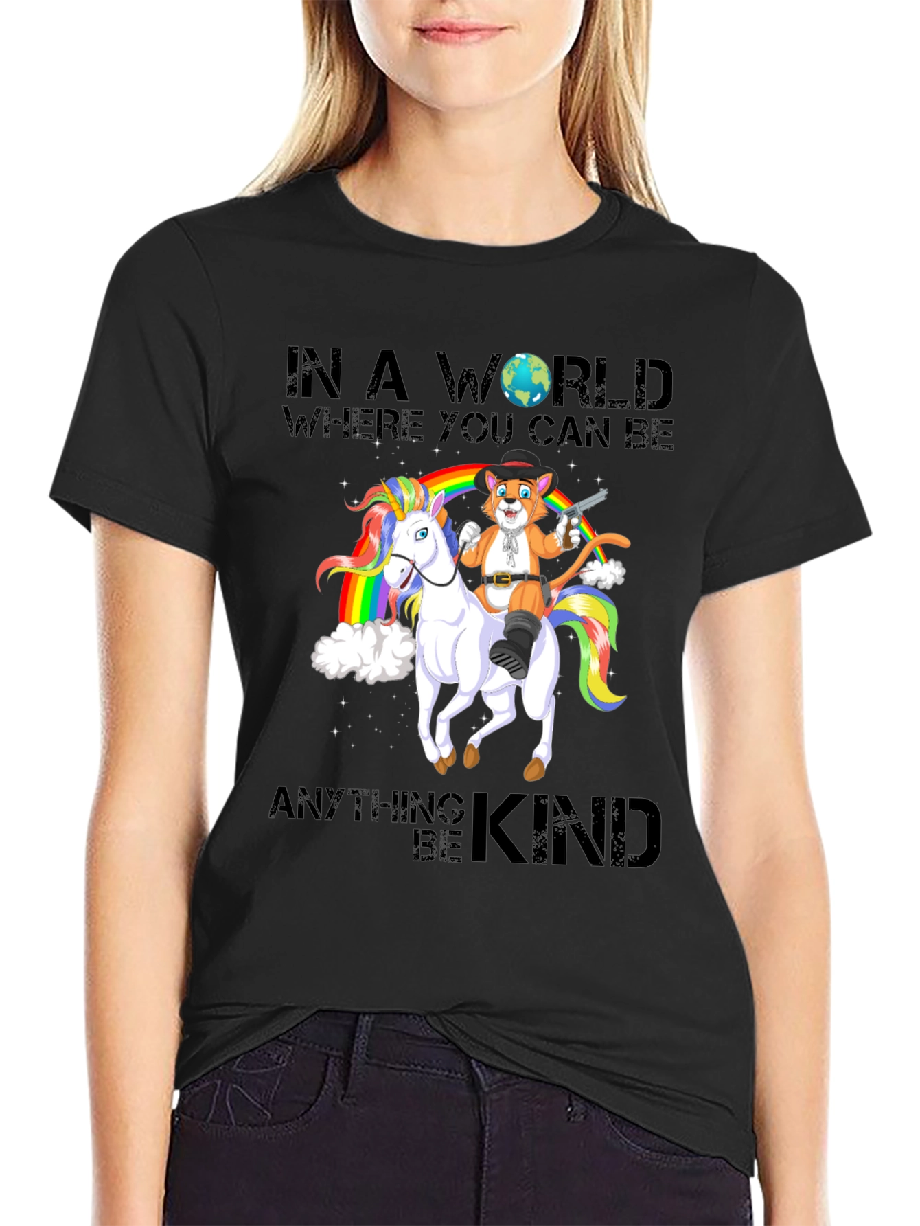 Be Kind T-Shirt: Cat Cowboy Riding Unicorn
