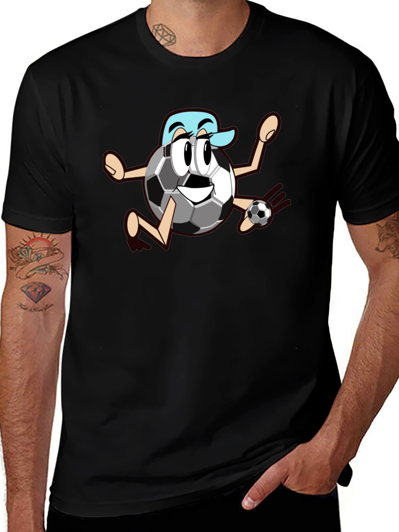 Funny Soccer Ball Cartoon Black T-Shirt