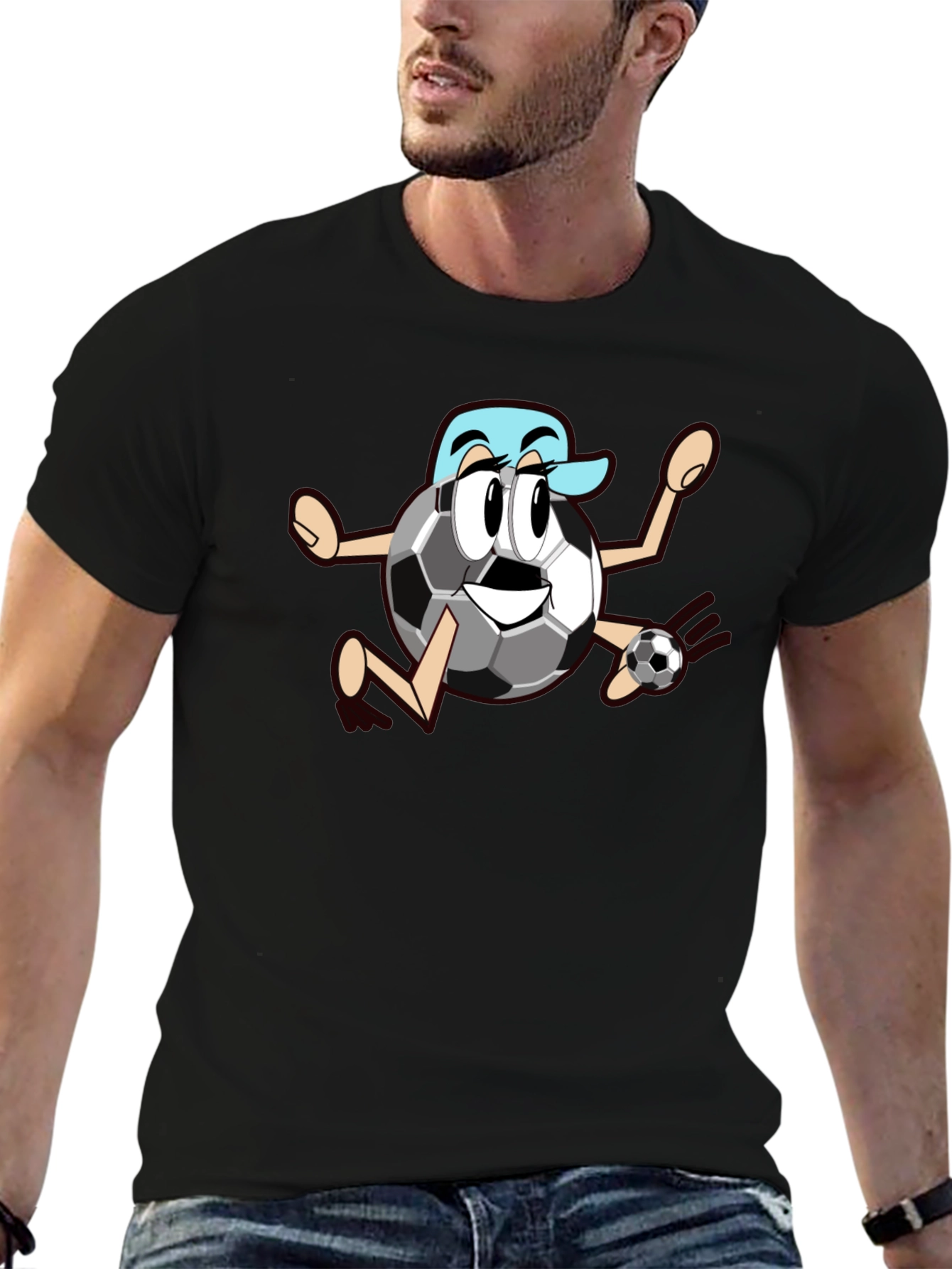 Funny Soccer Ball Cartoon Black T-Shirt