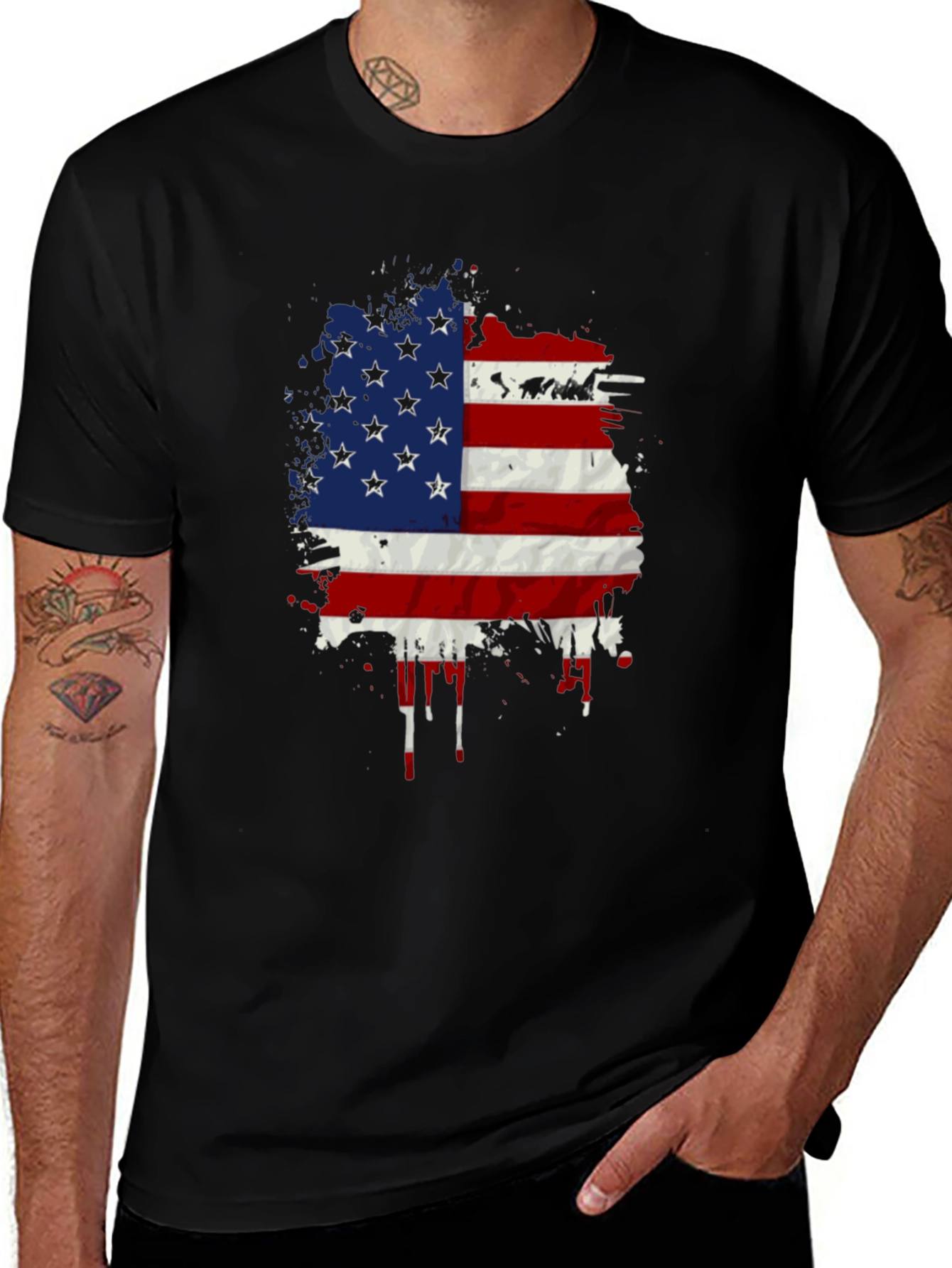 American Flag Splatter Print Black T-Shirt
