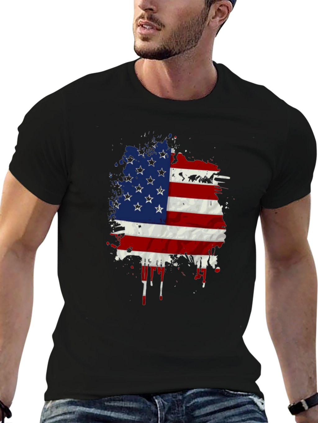 American Flag Splatter Print Black T-Shirt