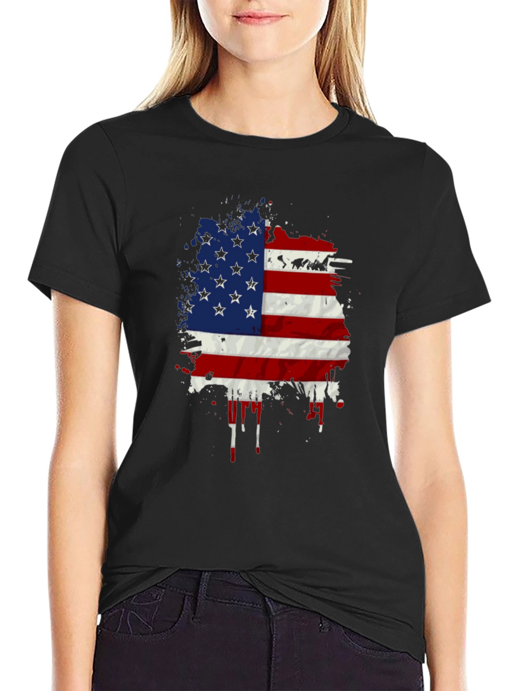 American Flag Splatter Print Black T-Shirt