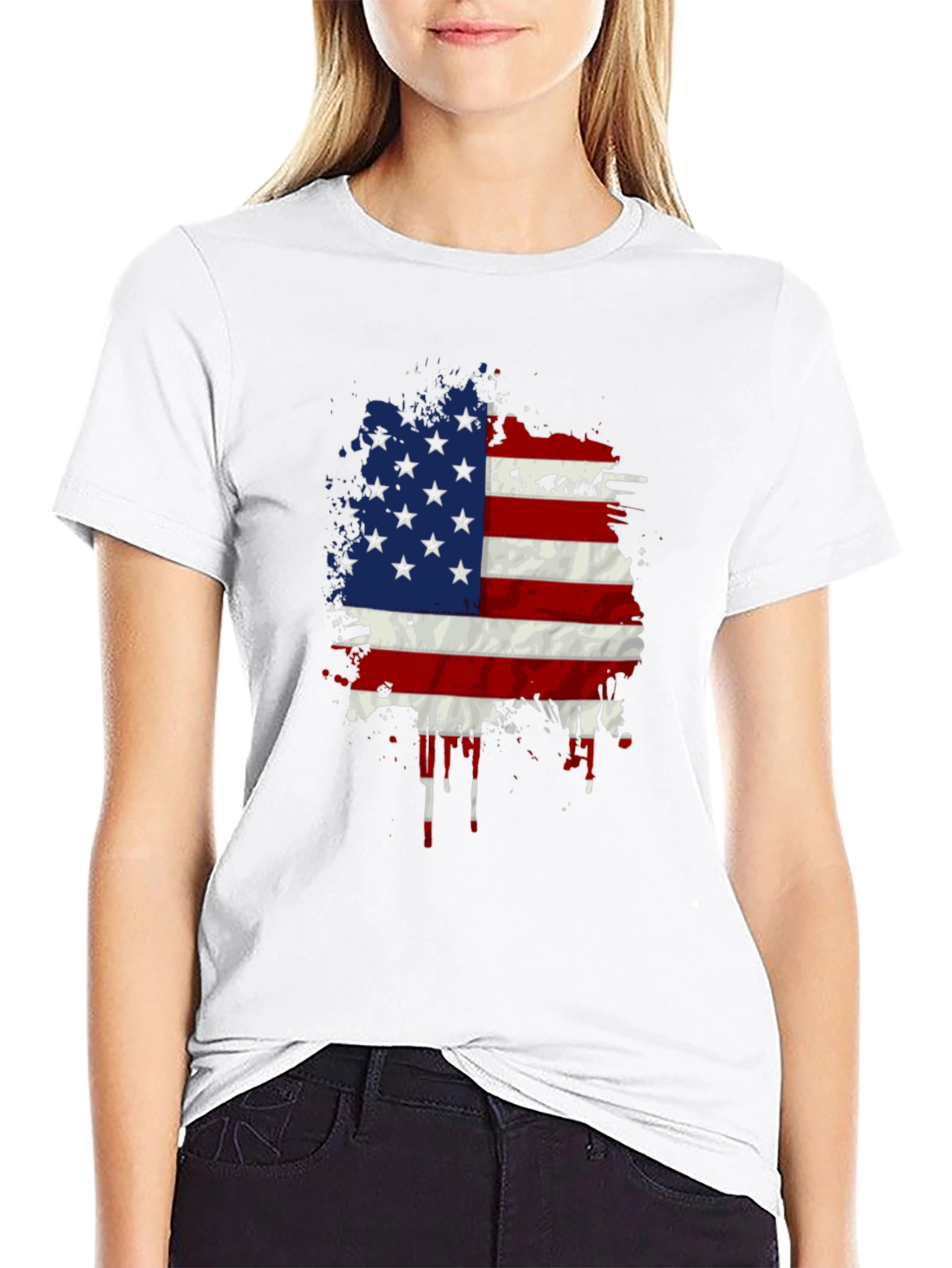 American Flag Splatter Print Black T-Shirt