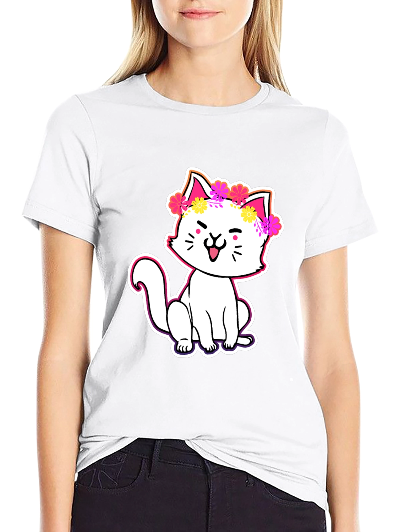 Cute Cat in Flowers Graphic Tee