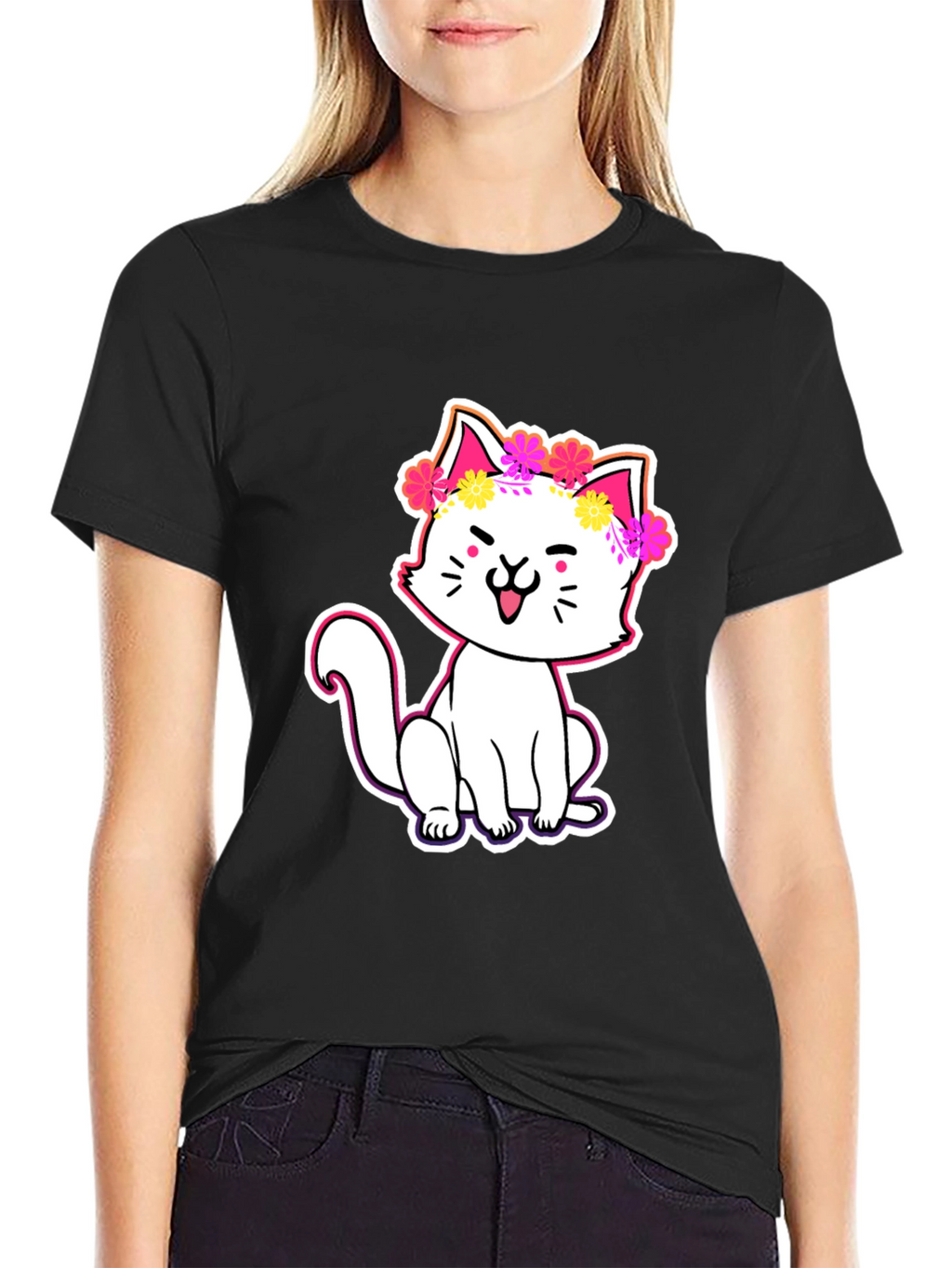Cute Cat in Flowers Graphic Tee