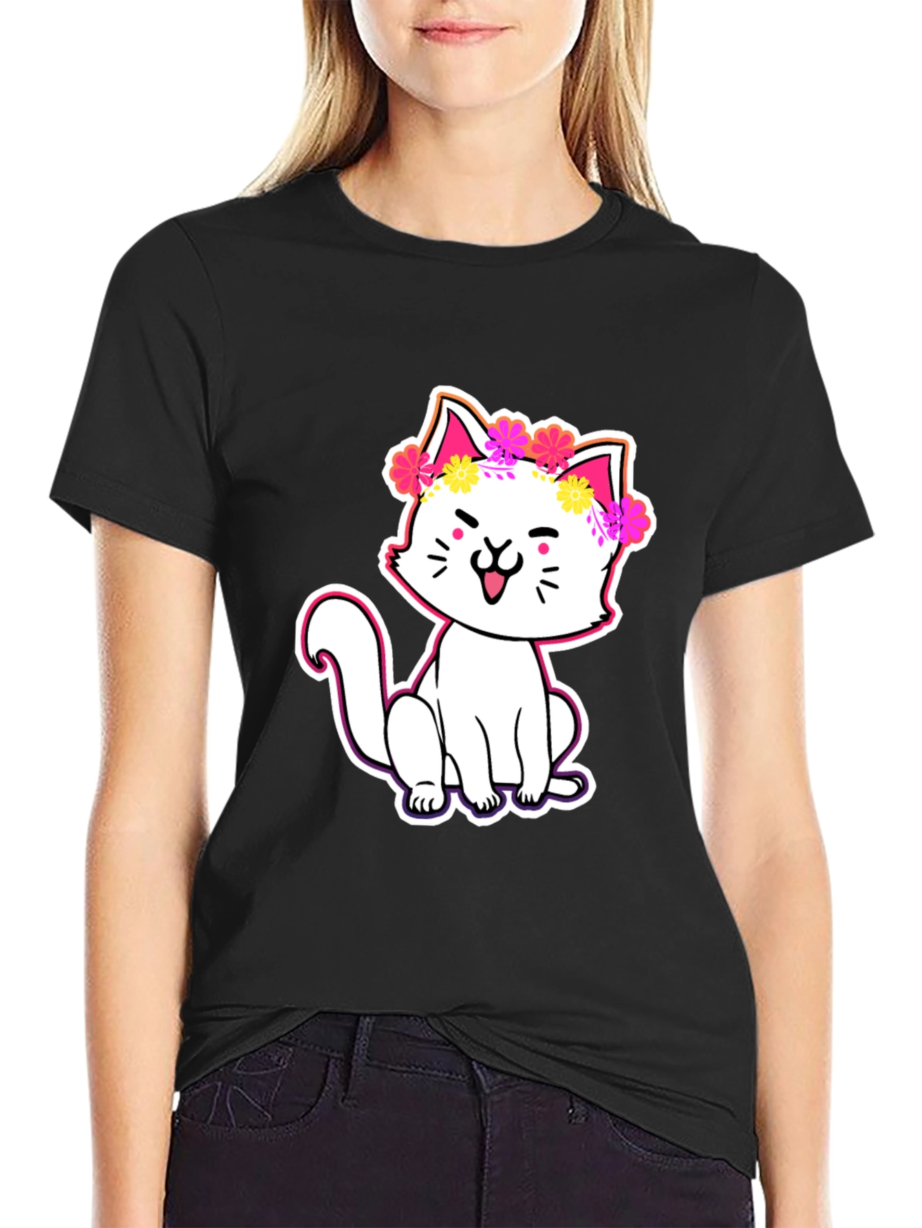 Cute Cat in Flowers Graphic Tee