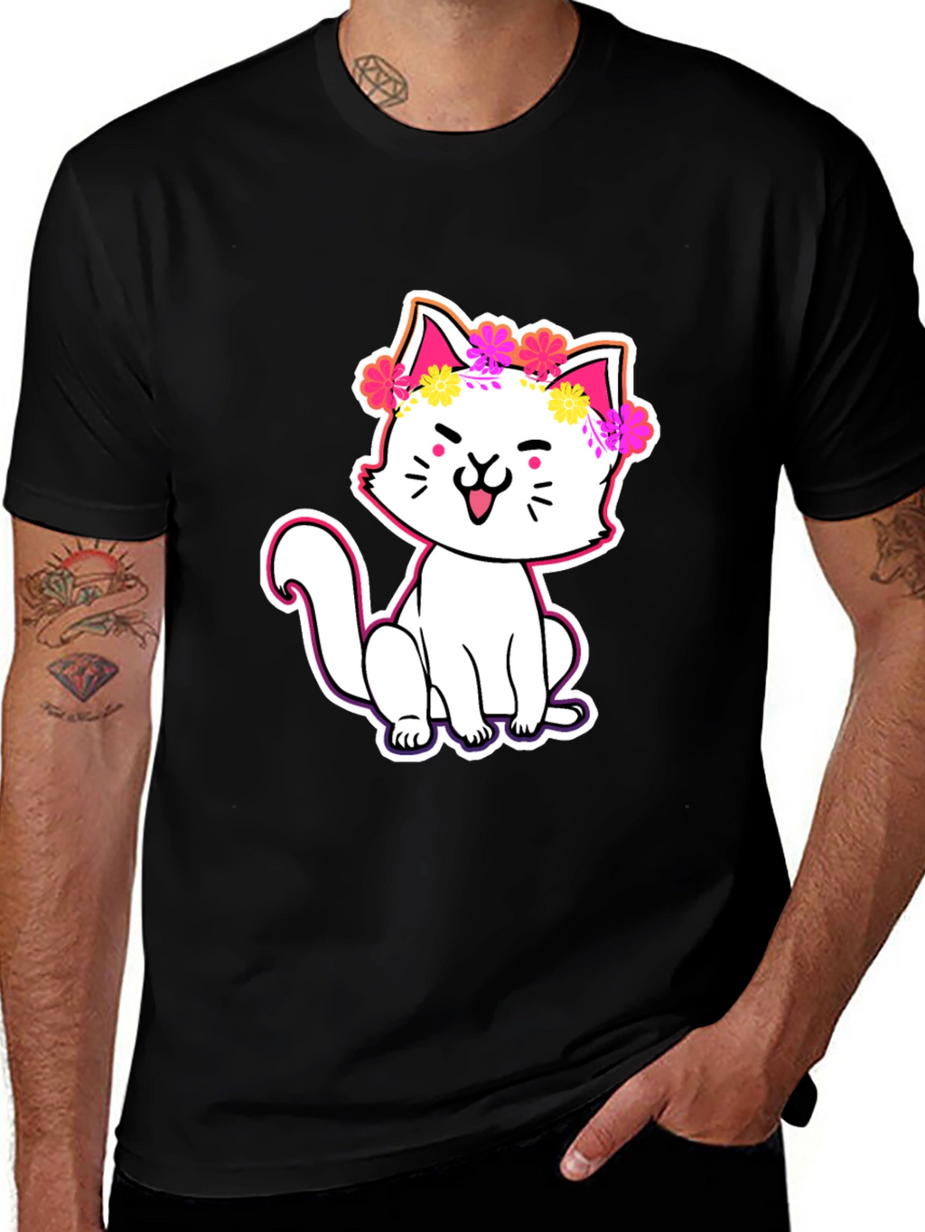 Cute Cat in Flowers Graphic Tee