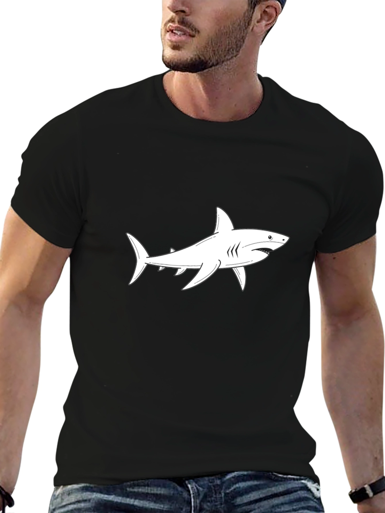 Shark Graphic Tee - Black Cotton Crewneck T-Shirt