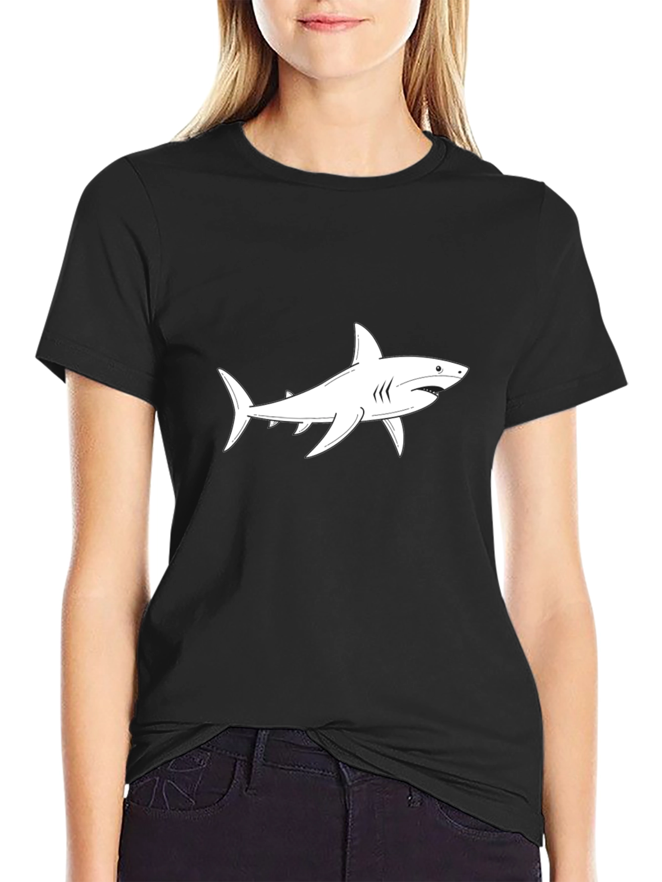 Shark Graphic Tee - Black Cotton Crewneck T-Shirt