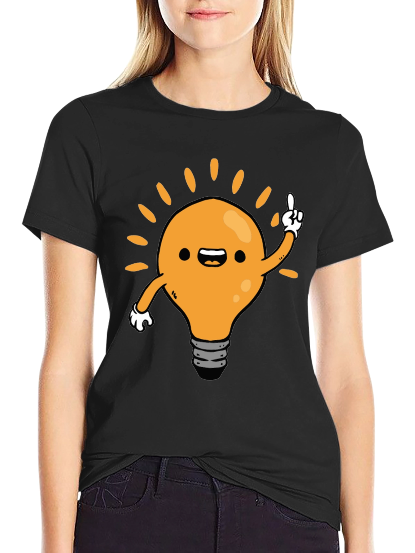 Cartoon Light Bulb Idea Black T-Shirt