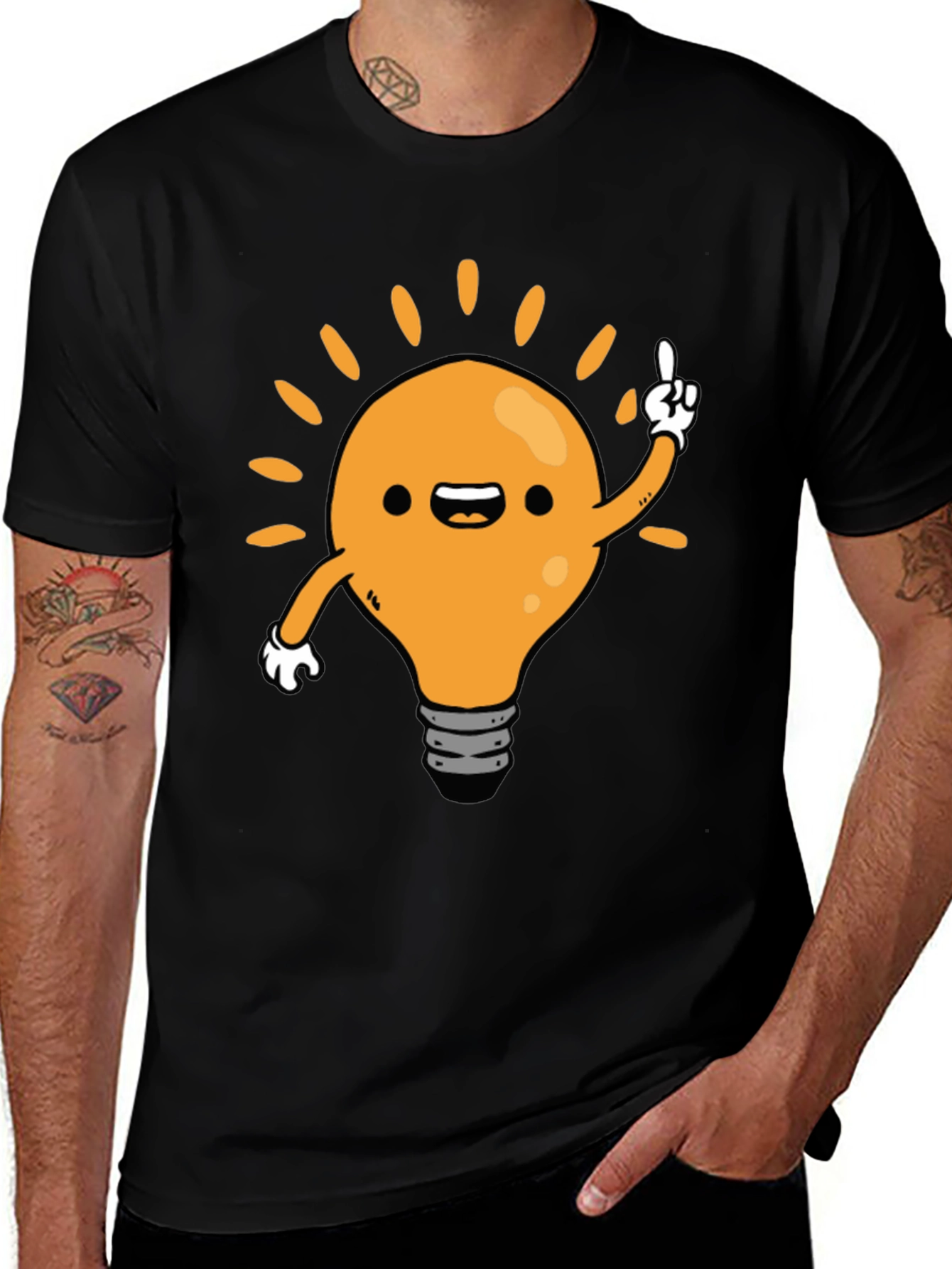 Cartoon Light Bulb Idea Black T-Shirt