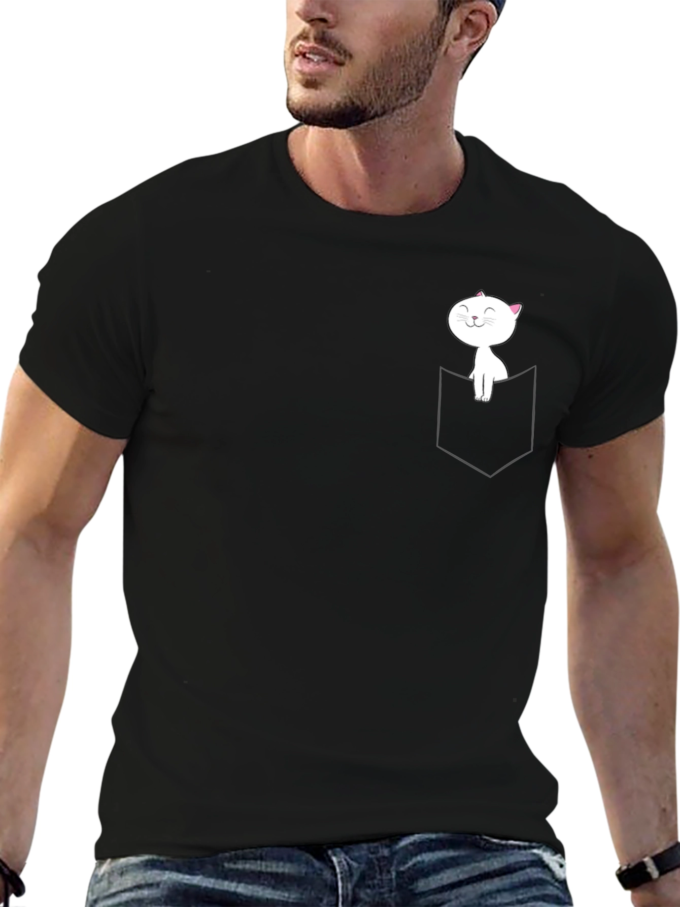 Cat Pocket Graphic Tee - Soft Cotton Blend Shirt