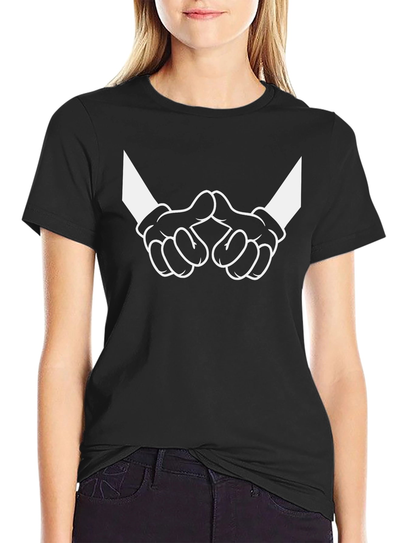 Cartoon Hands Graphic Tee - Black Cotton Casual Shirt