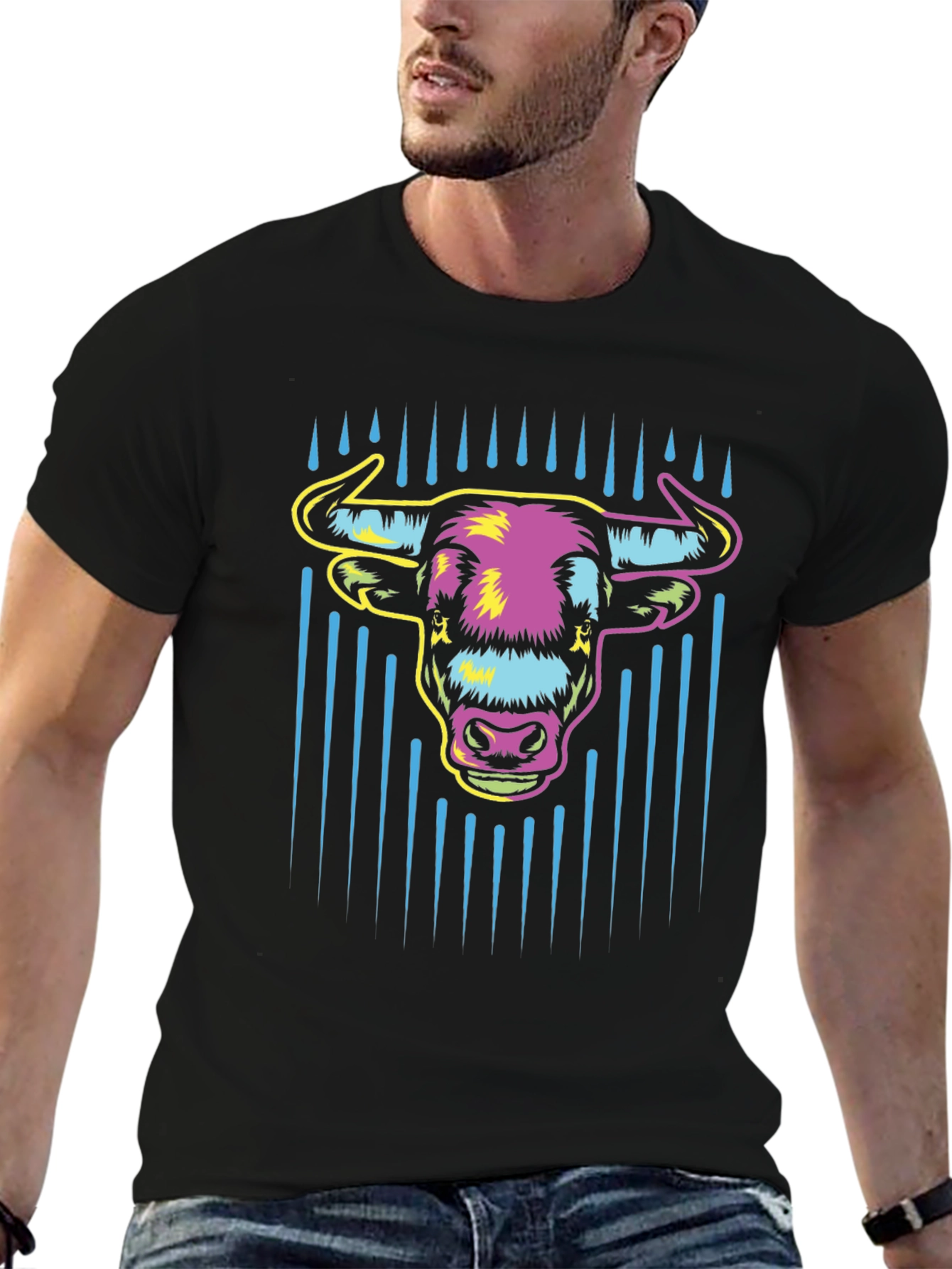 Vibrant Bull Graphic Tee - Mens Black Cotton T-Shirt