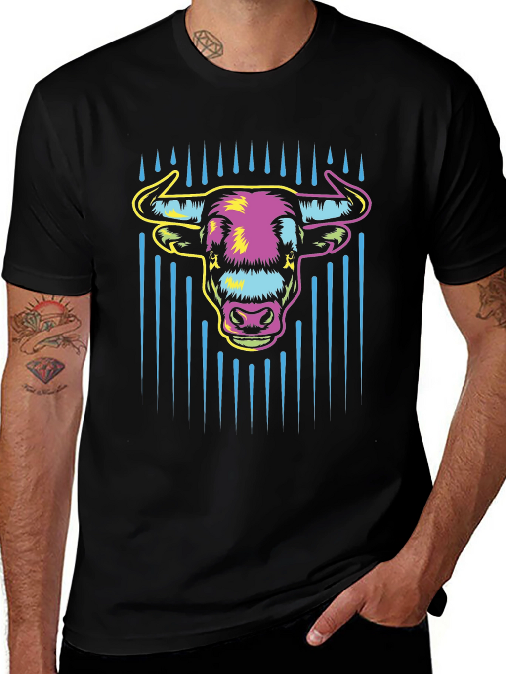Vibrant Bull Graphic Tee - Mens Black Cotton T-Shirt
