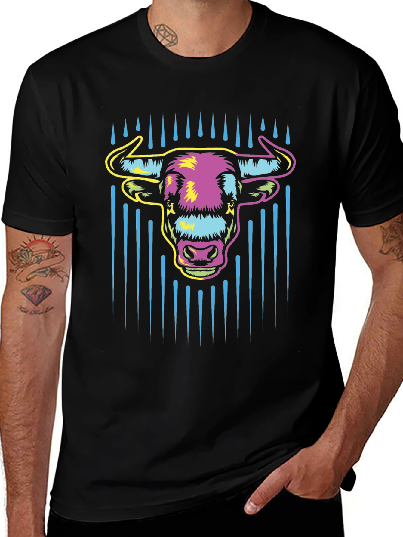 Vibrant Bull Graphic Tee - Mens Black Cotton T-Shirt