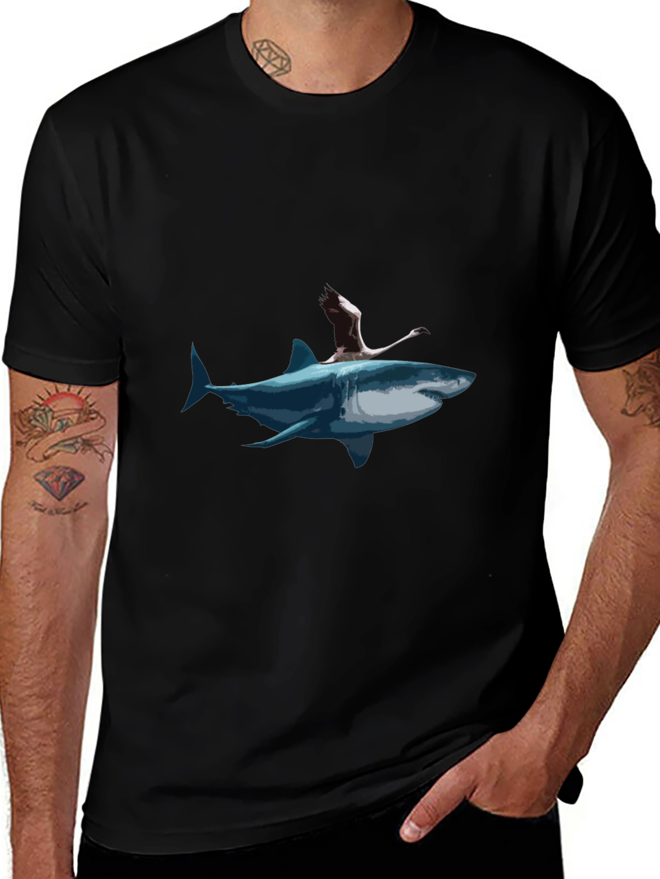 Shark & Flamingo Graphic Tee - Mens Black T-Shirt
