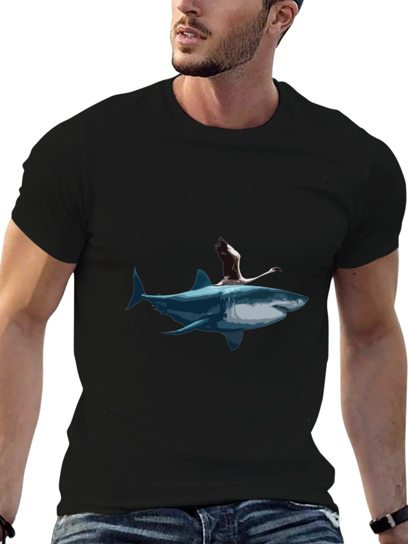 Shark & Flamingo Graphic Tee - Mens Black T-Shirt