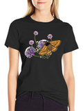 Butterfly and Flower Graphic Black T-Shirt