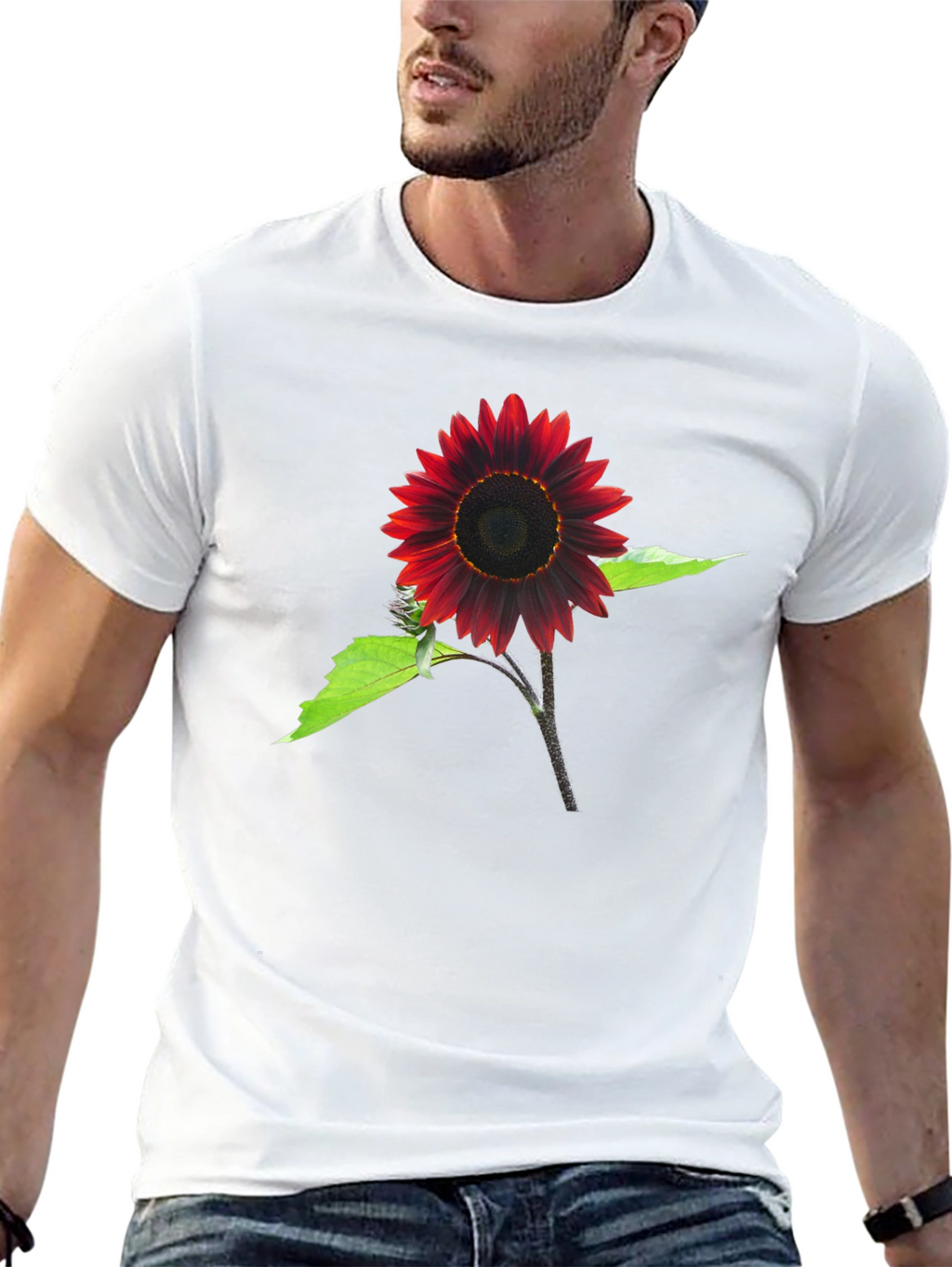 Red Sunflower Graphic Tee - Black Cotton Blend