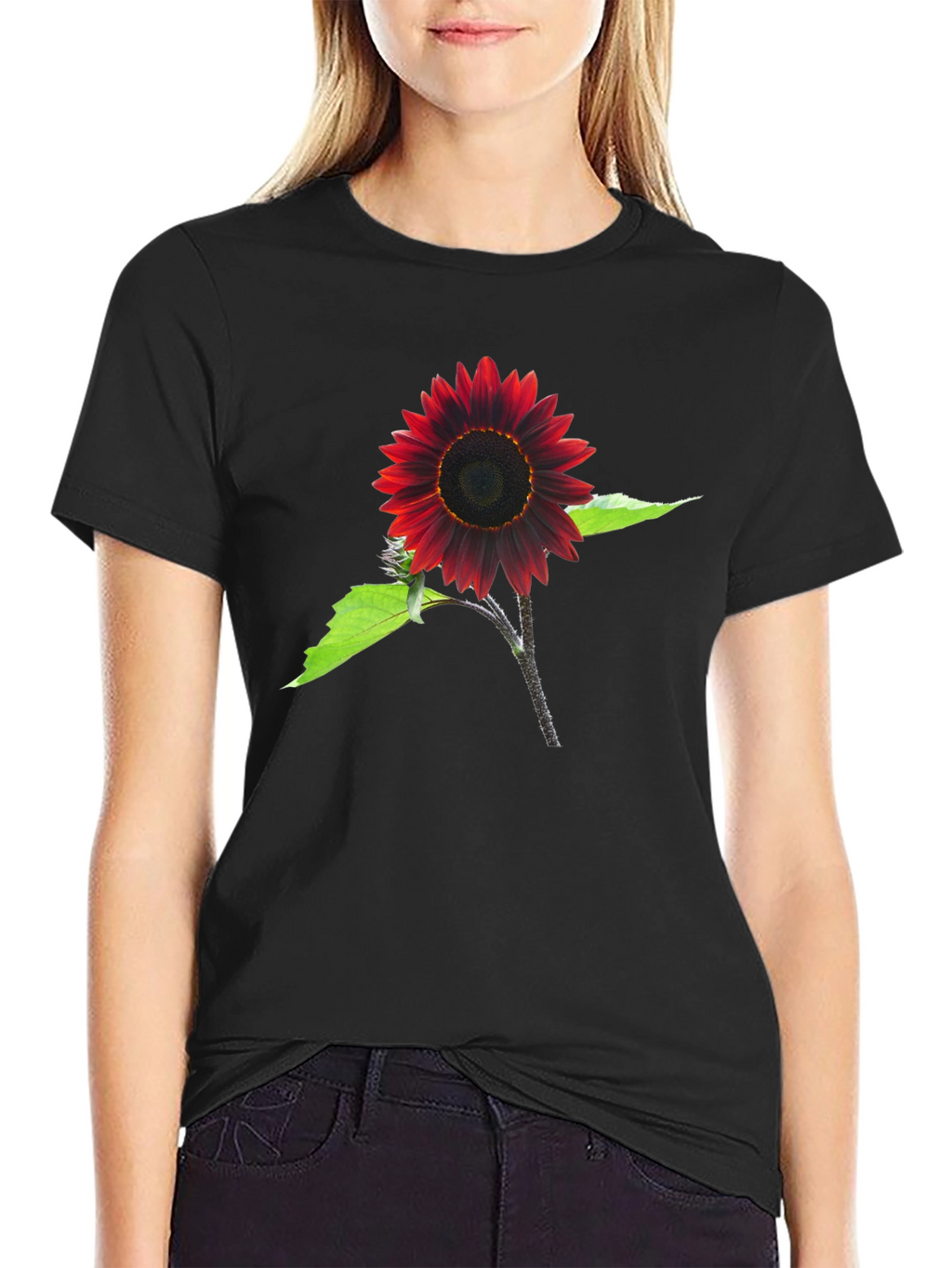 Red Sunflower Graphic Tee - Black Cotton Blend