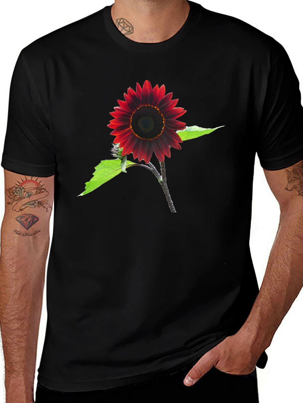 Red Sunflower Graphic Tee - Black Cotton Blend