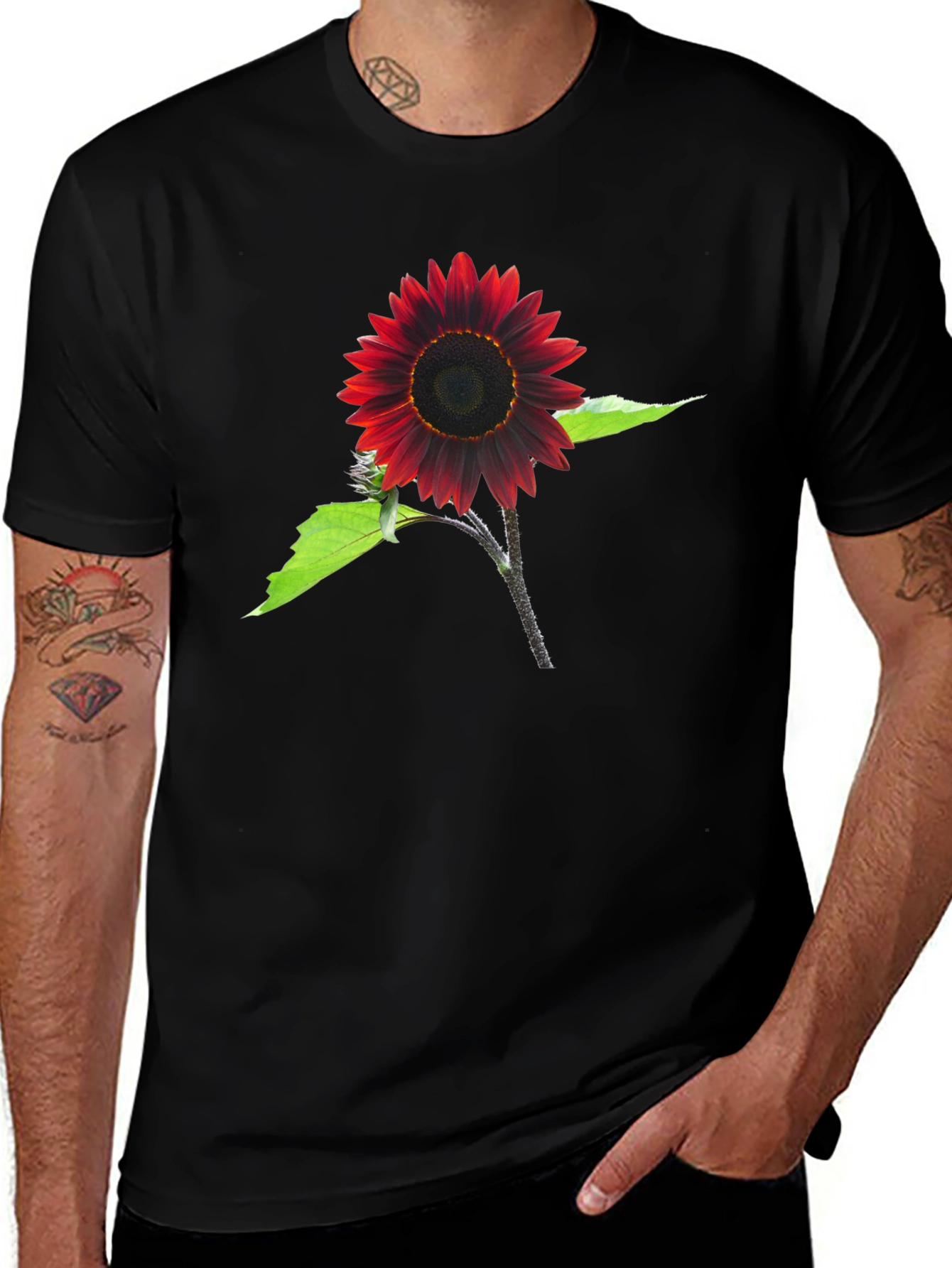 Red Sunflower Graphic Tee - Black Cotton Blend