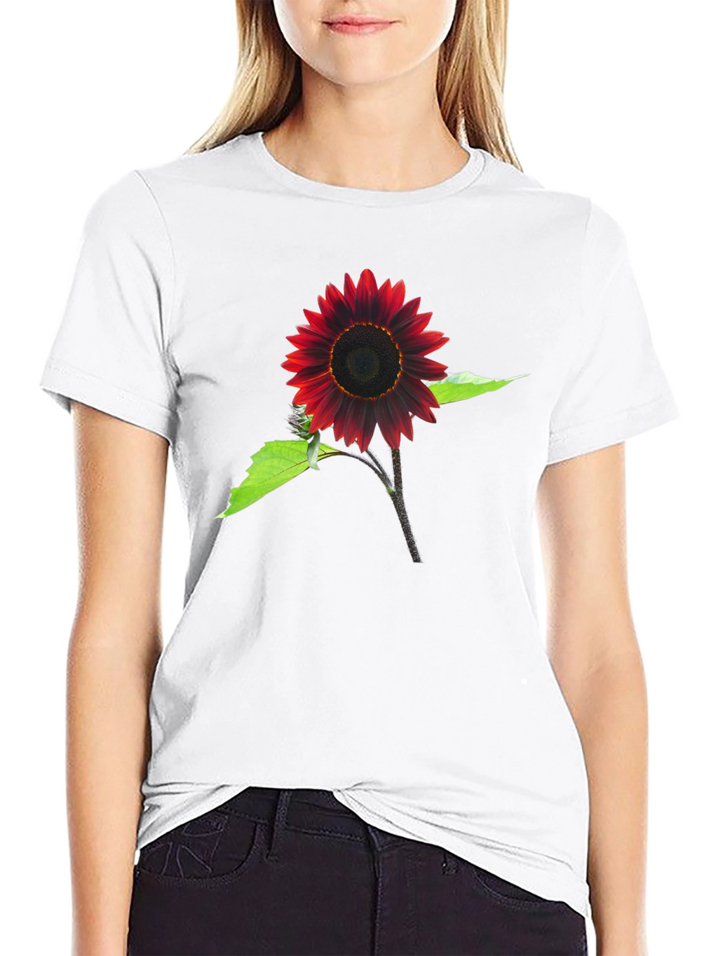 Red Sunflower Graphic Tee - Black Cotton Blend