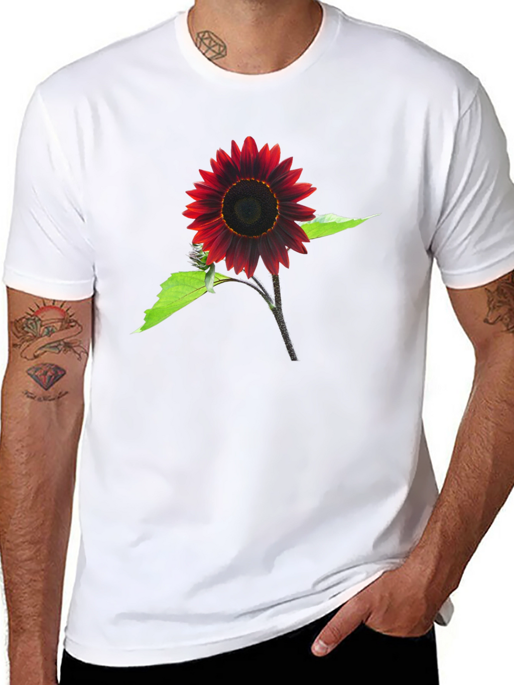Red Sunflower Graphic Tee - Black Cotton Blend