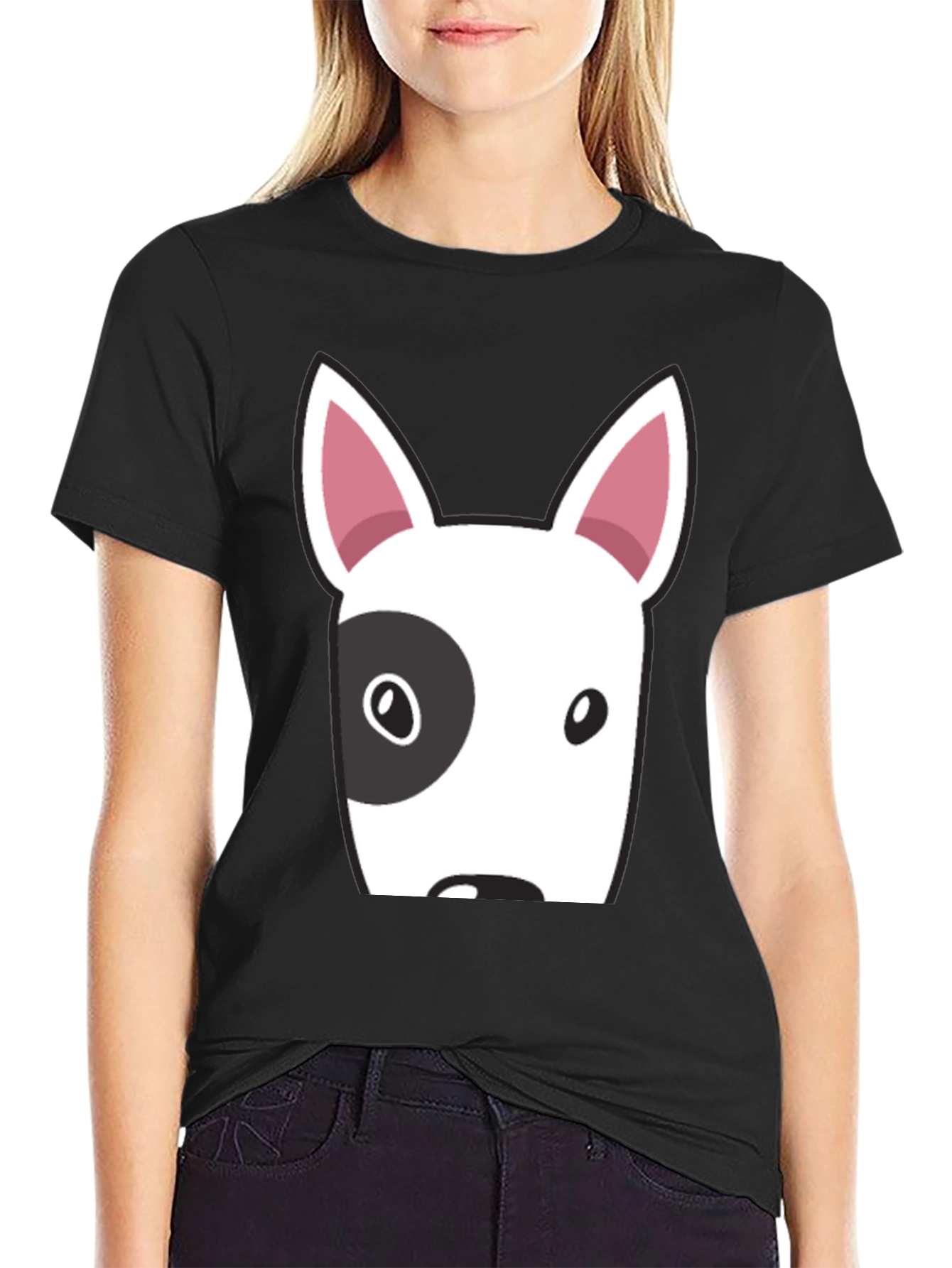 Bull Terrier Dog Face Graphic Tee - Casual Black T-Shirt