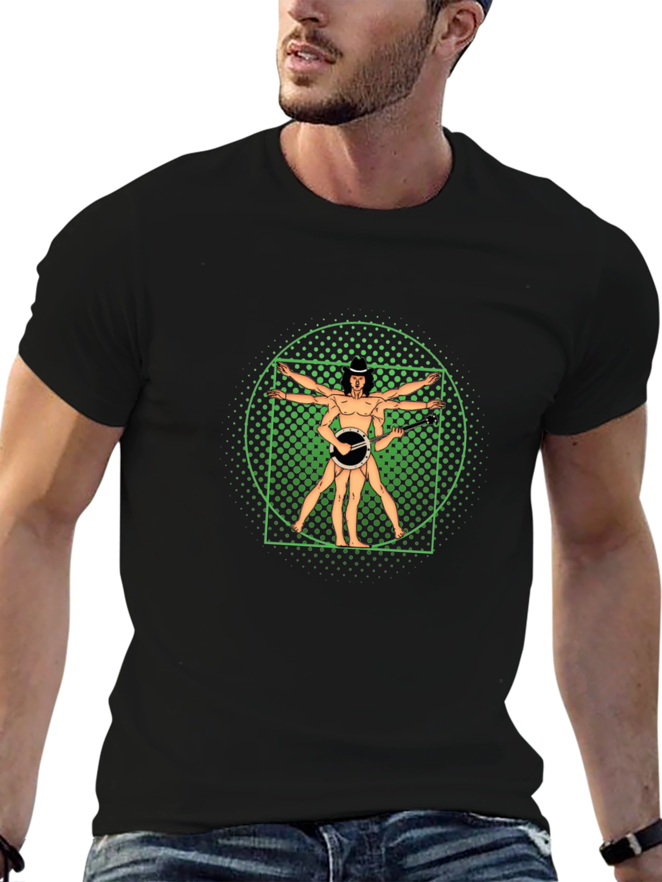 Vitruvian Banjo Player Black T-Shirt