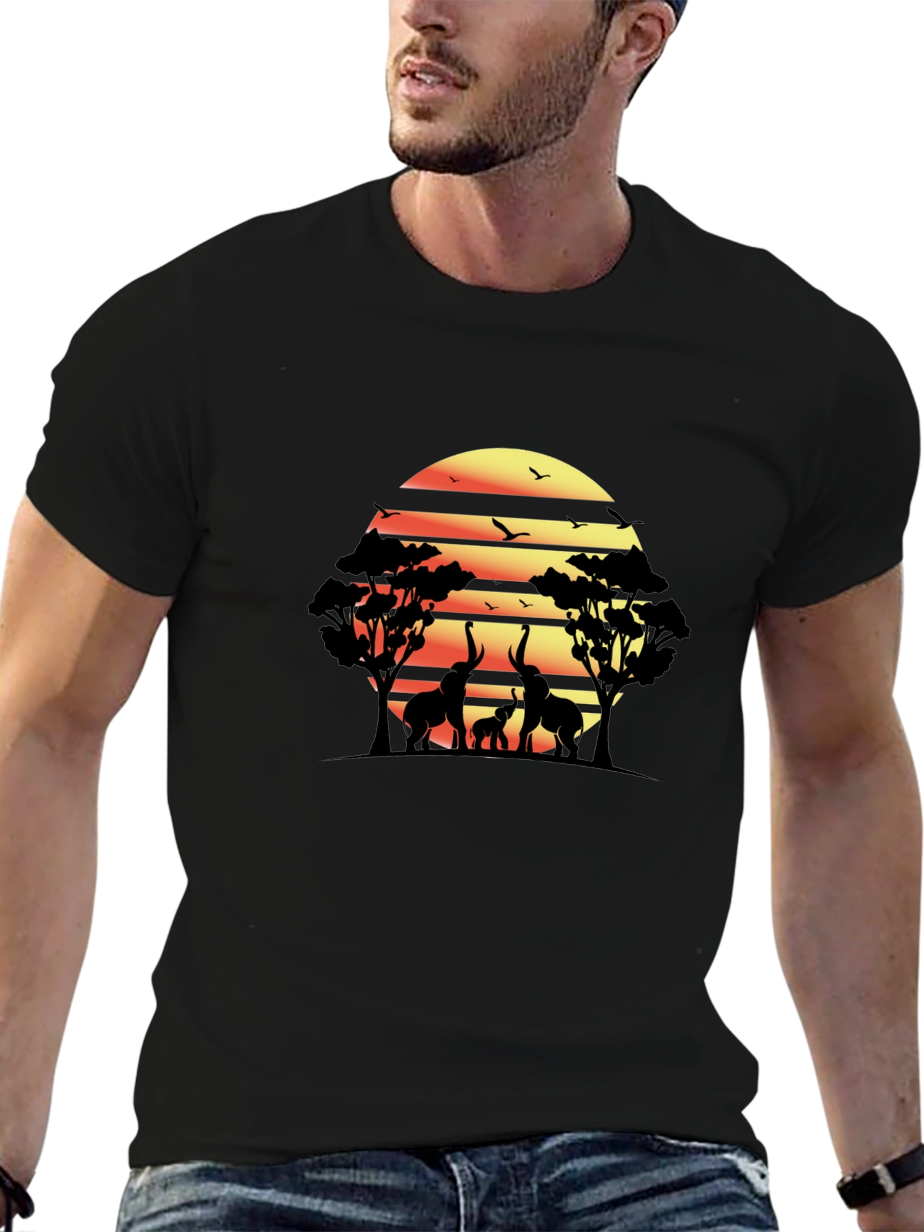African Sunset Elephant Graphic Tee - Black