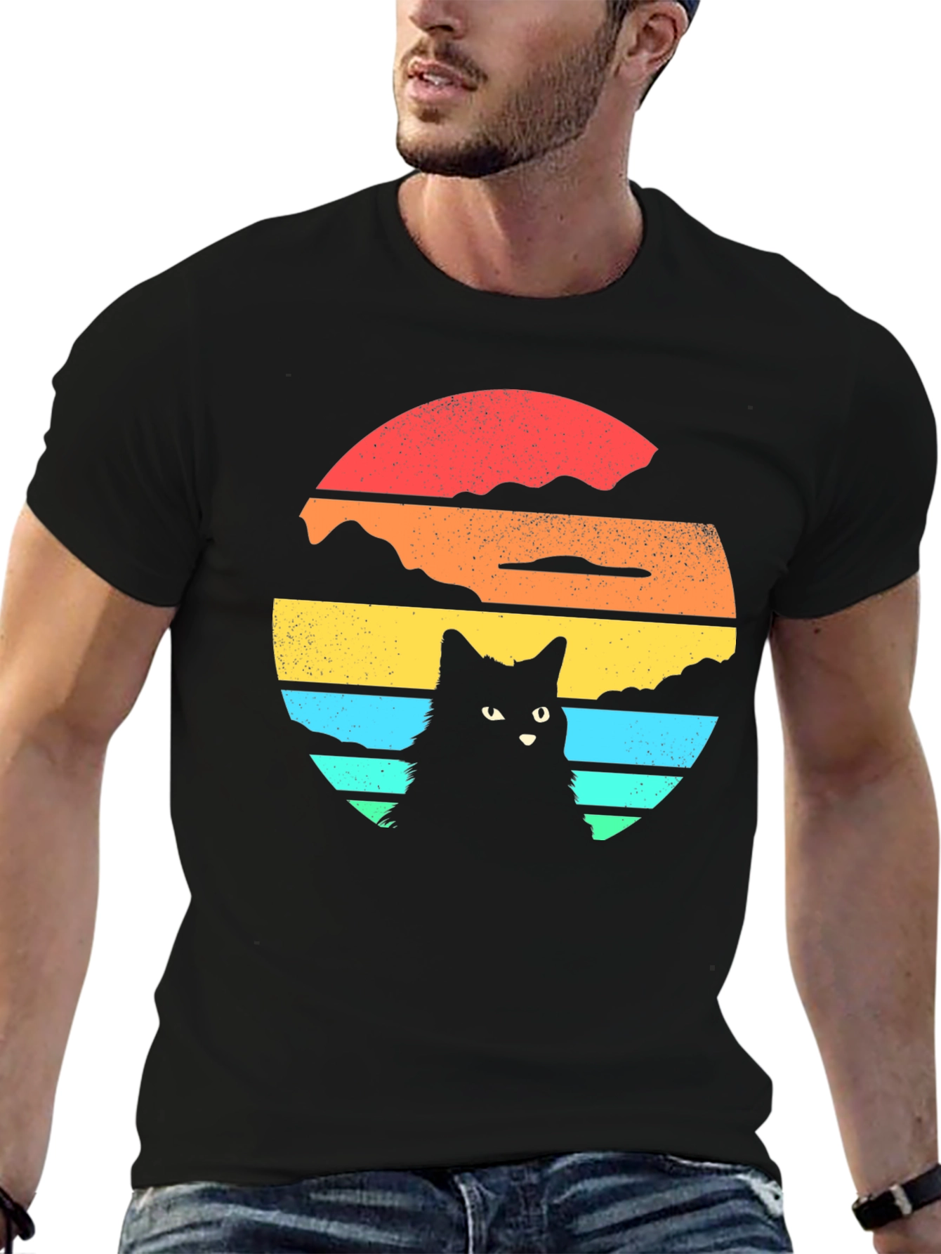 Retro Cat Sunset Graphic T-Shirt