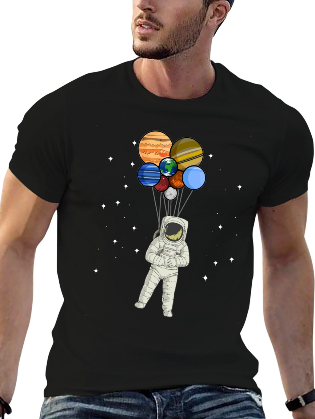 Astronaut Planet Balloon Graphic Tee - Black