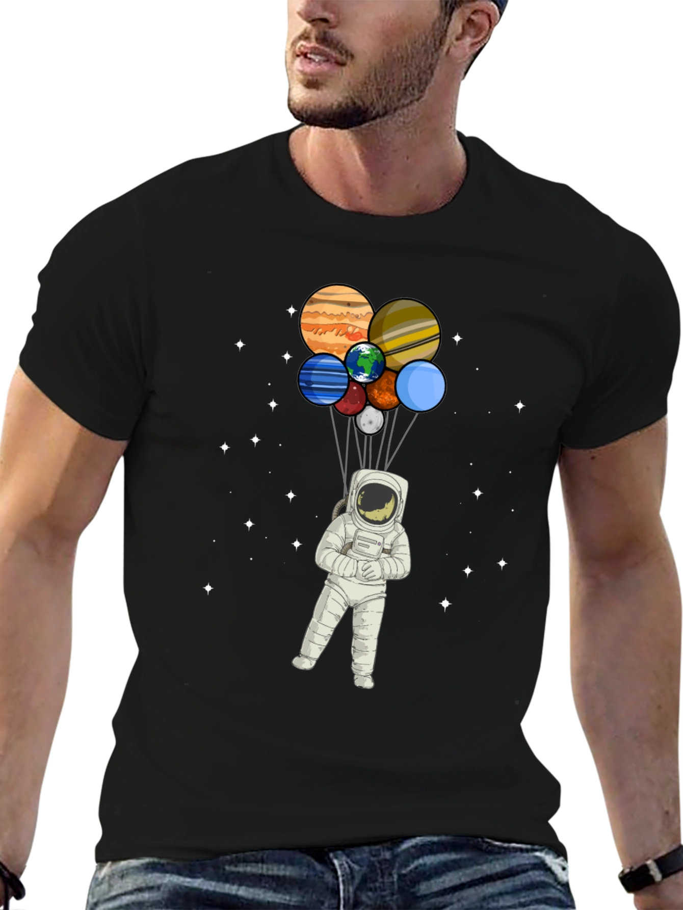 Astronaut Planet Balloon Graphic Tee - Black