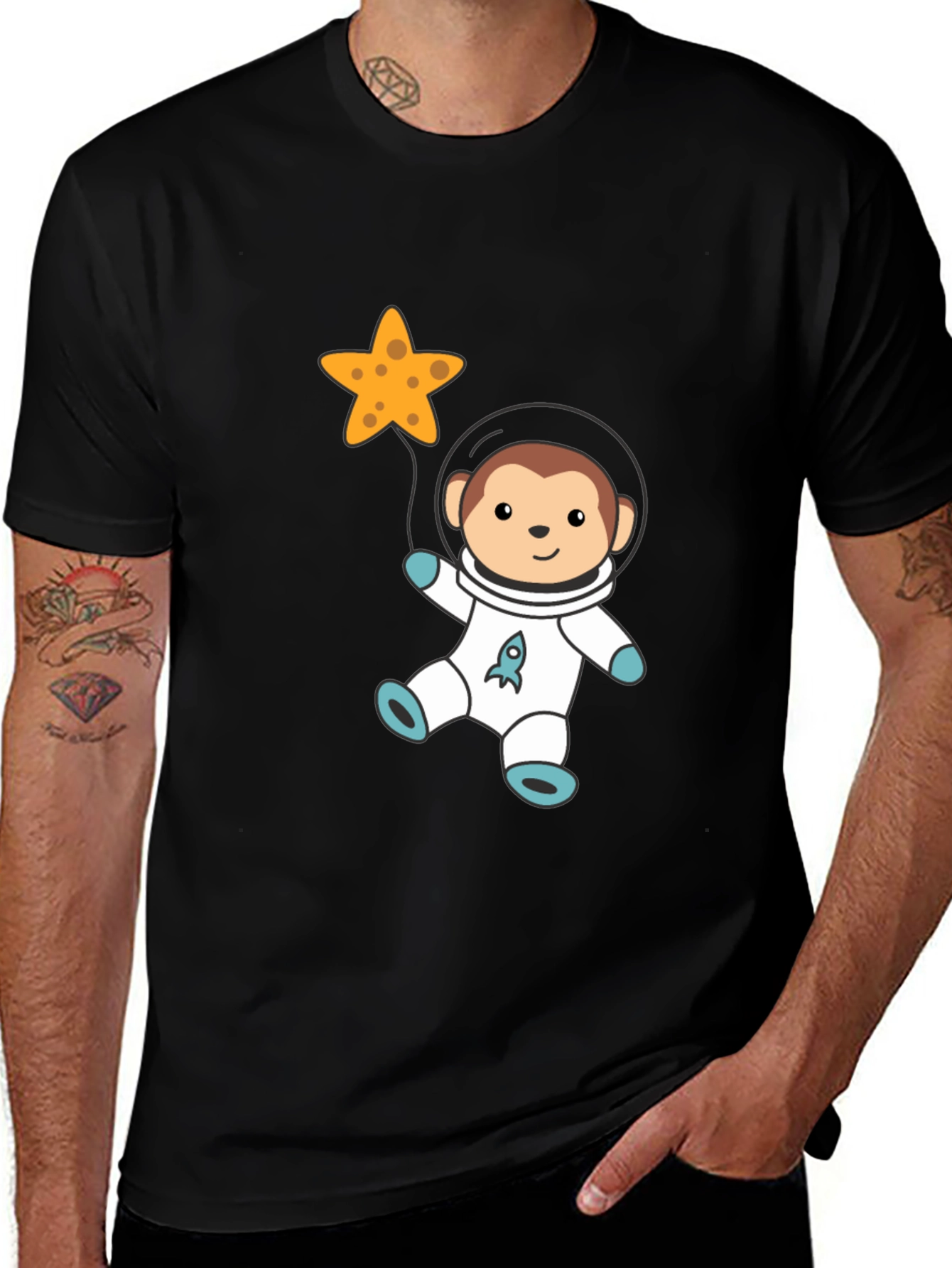 Astronaut Monkey Graphic Tee - Black Cotton T-Shirt