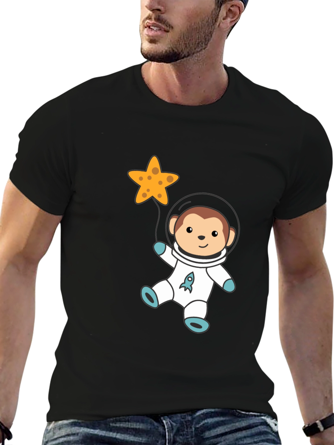 Astronaut Monkey Graphic Tee - Black Cotton T-Shirt