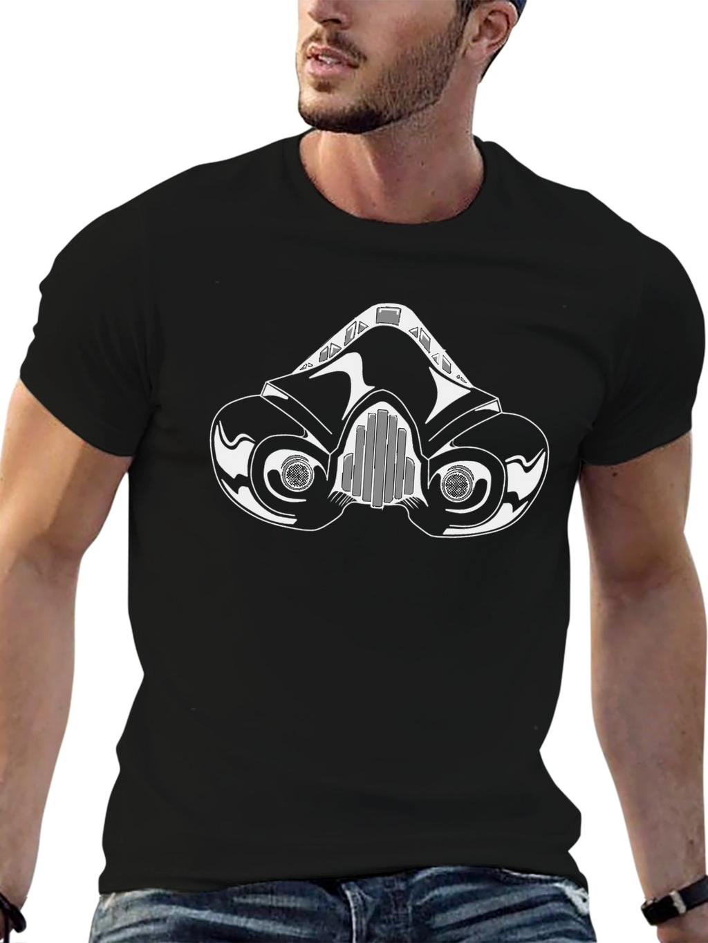 Black T-Shirt with Gas Mask Graphic Design
