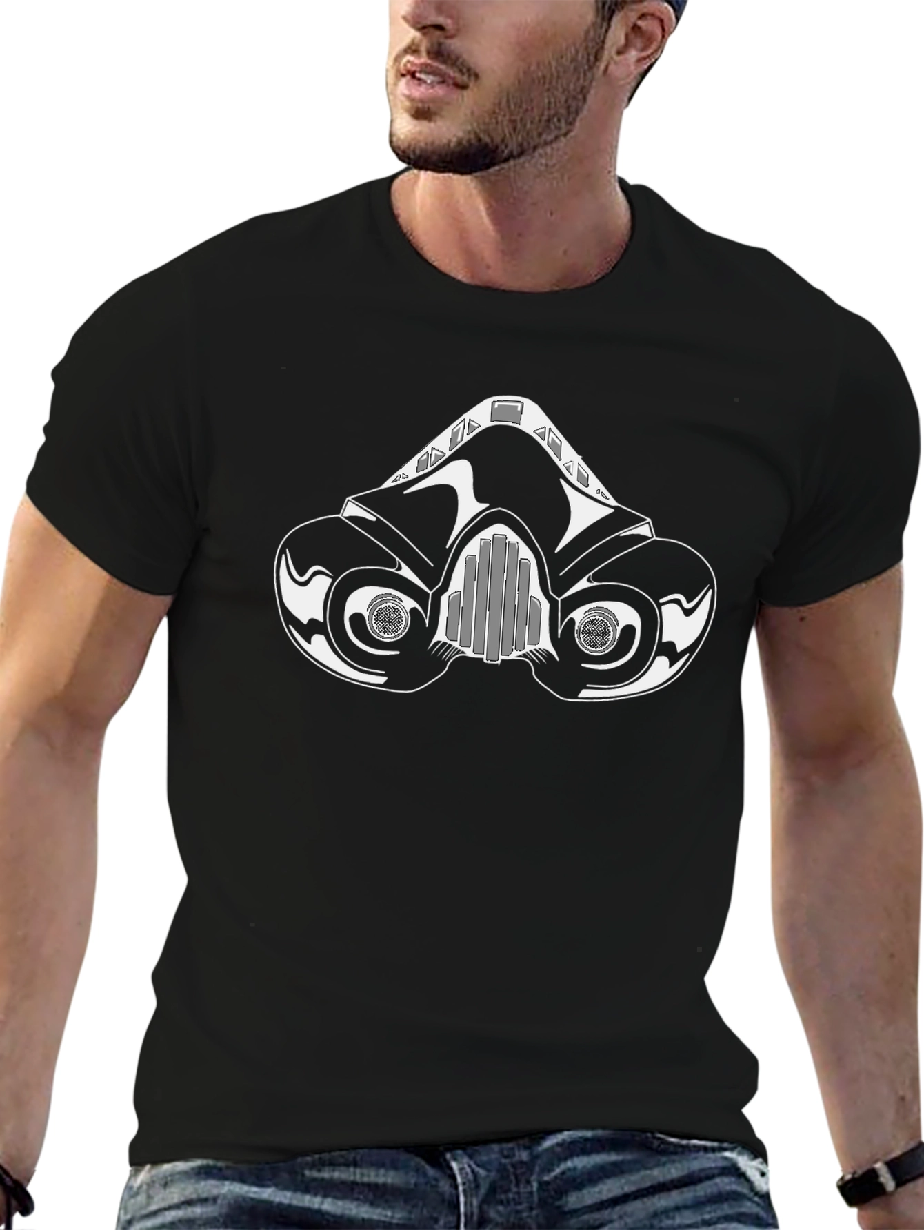 Black T-Shirt with Gas Mask Graphic Design