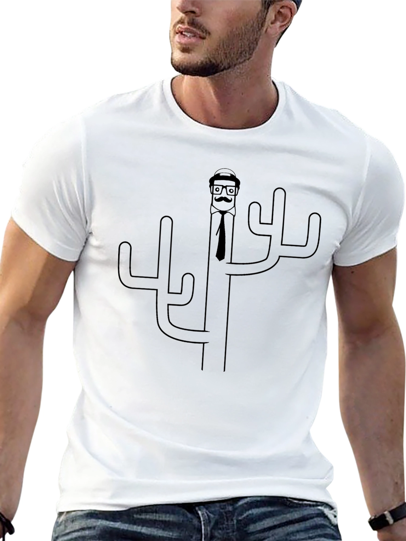 Novelty Cactus Man Graphic T-Shirt - Black
