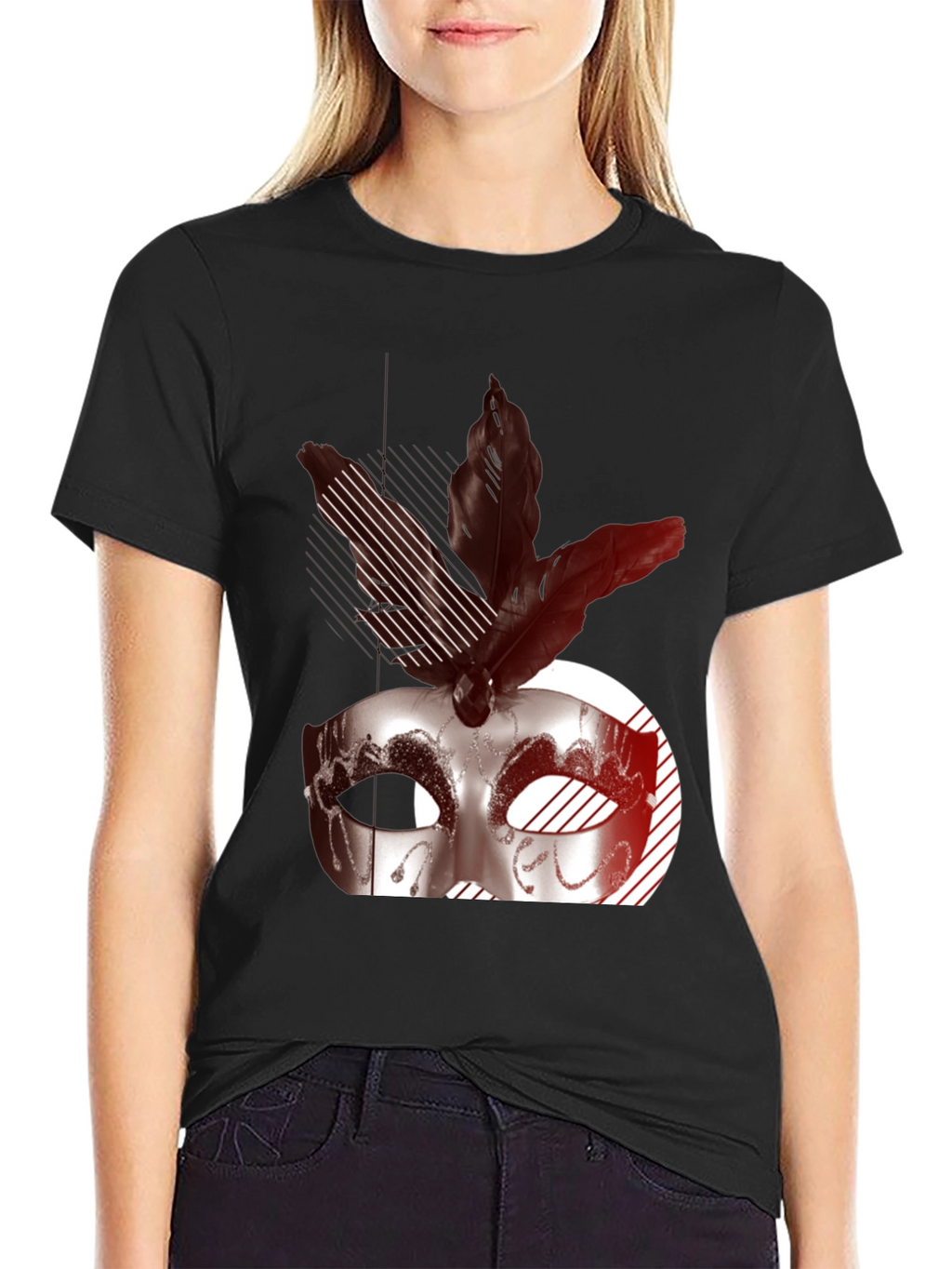 Masquerade Feather Graphic Black T-Shirt