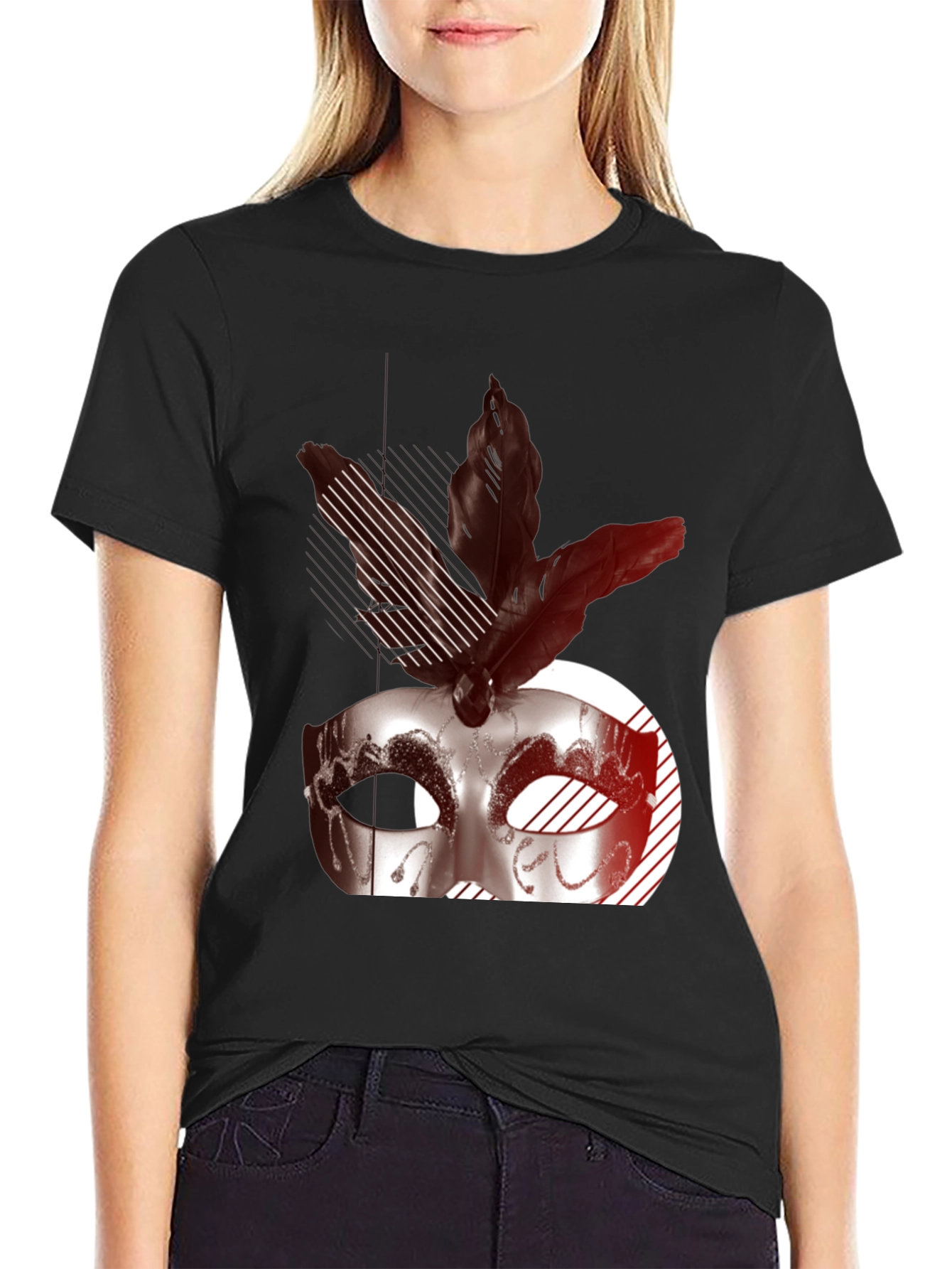 Masquerade Feather Graphic Black T-Shirt