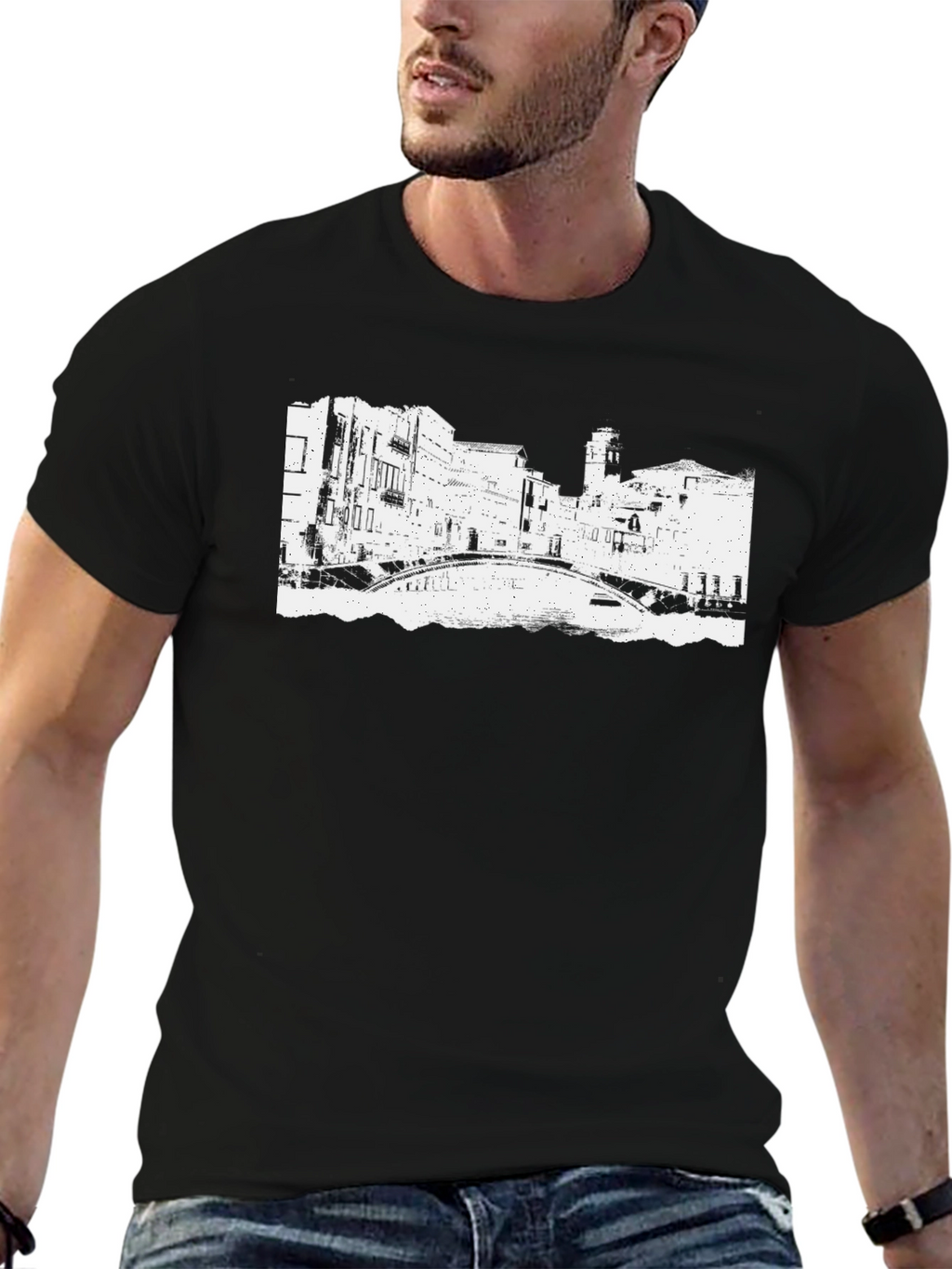 Black T-Shirt with Venice Bridge Graphic