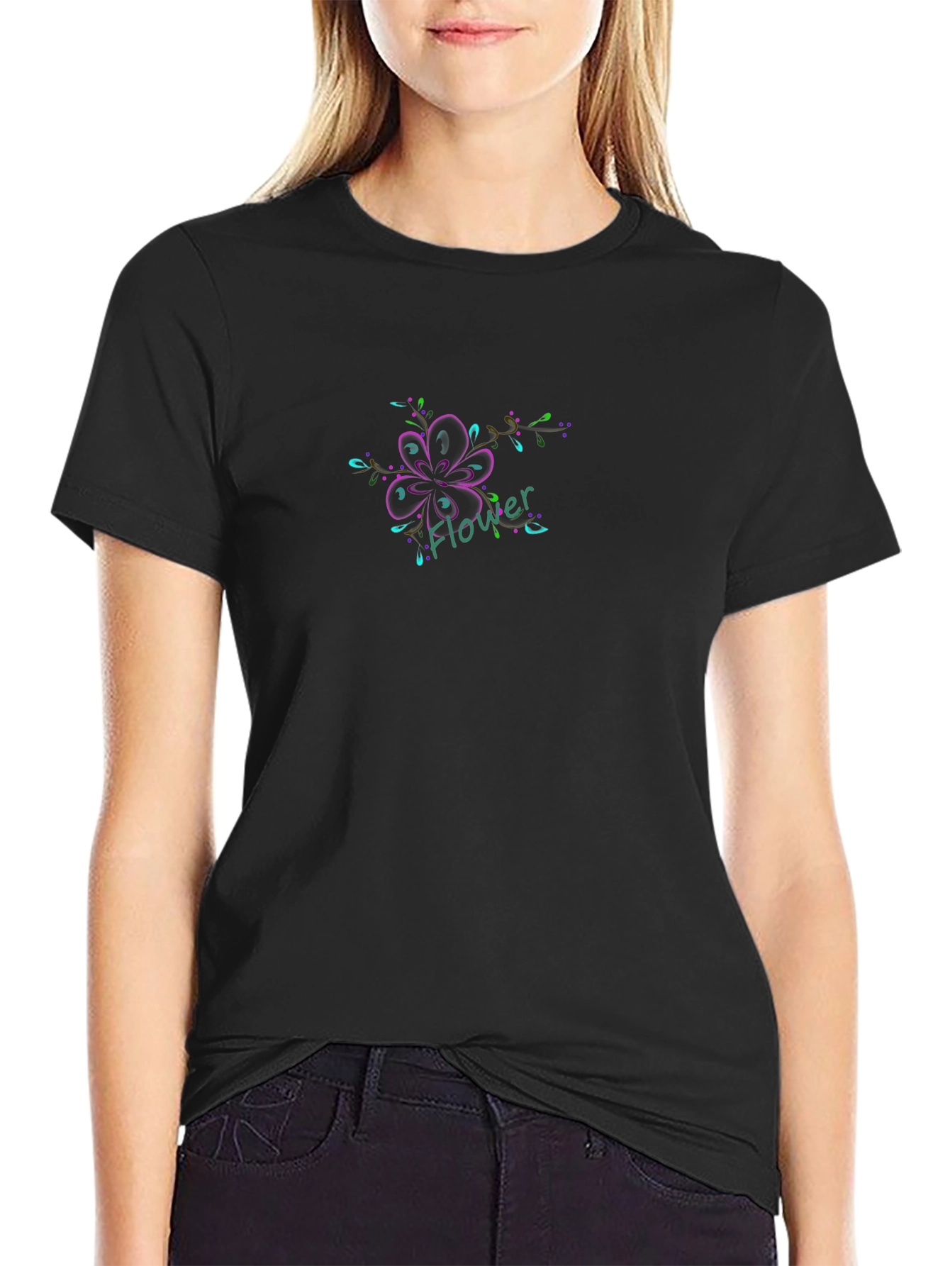 Black T-Shirt with Flower Graphic