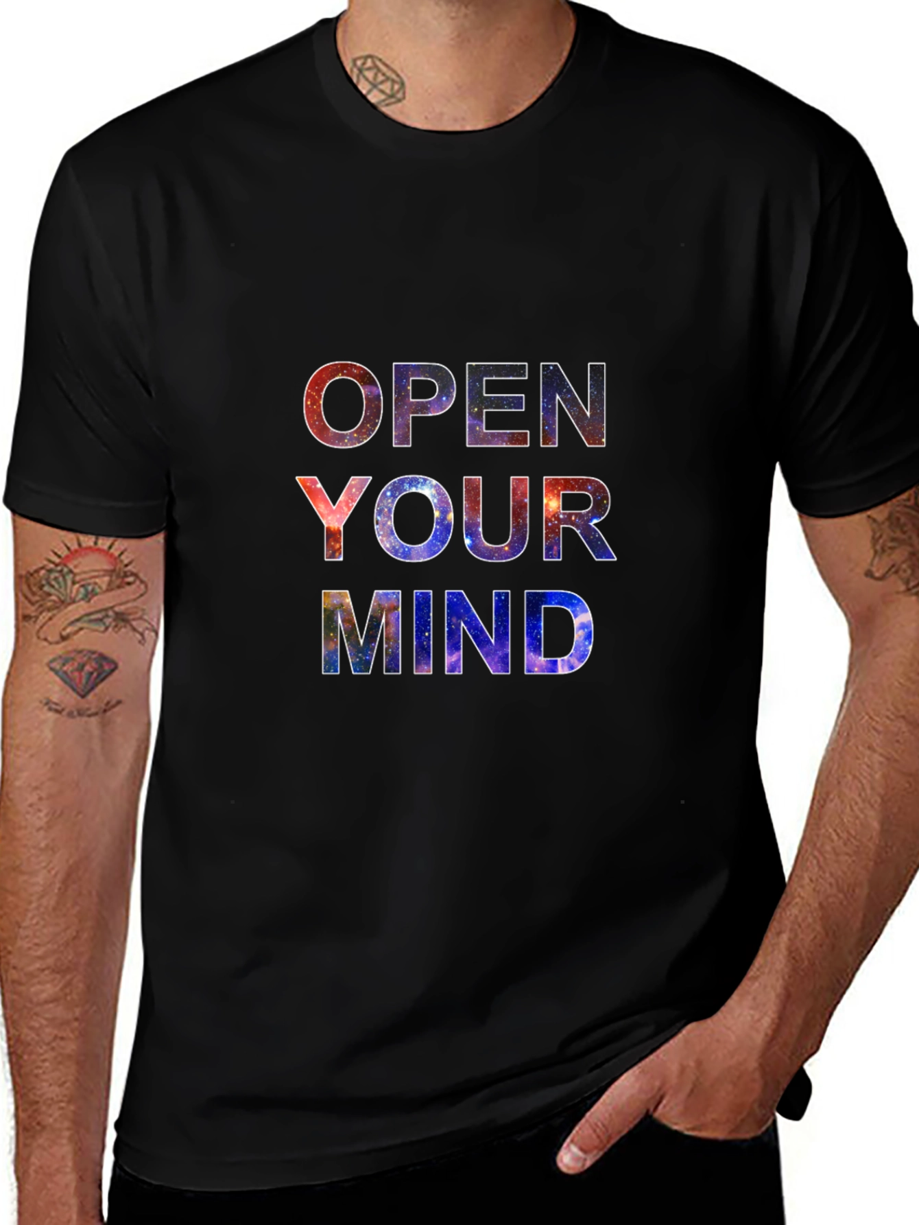 Open Your Mind Galaxy Print Black T-Shirt