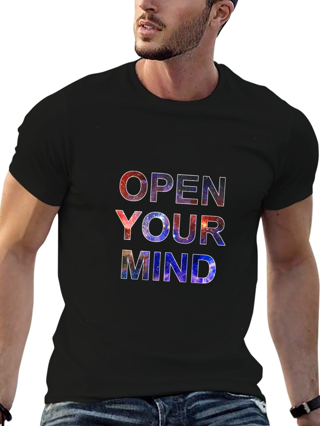 Open Your Mind Galaxy Print Black T-Shirt